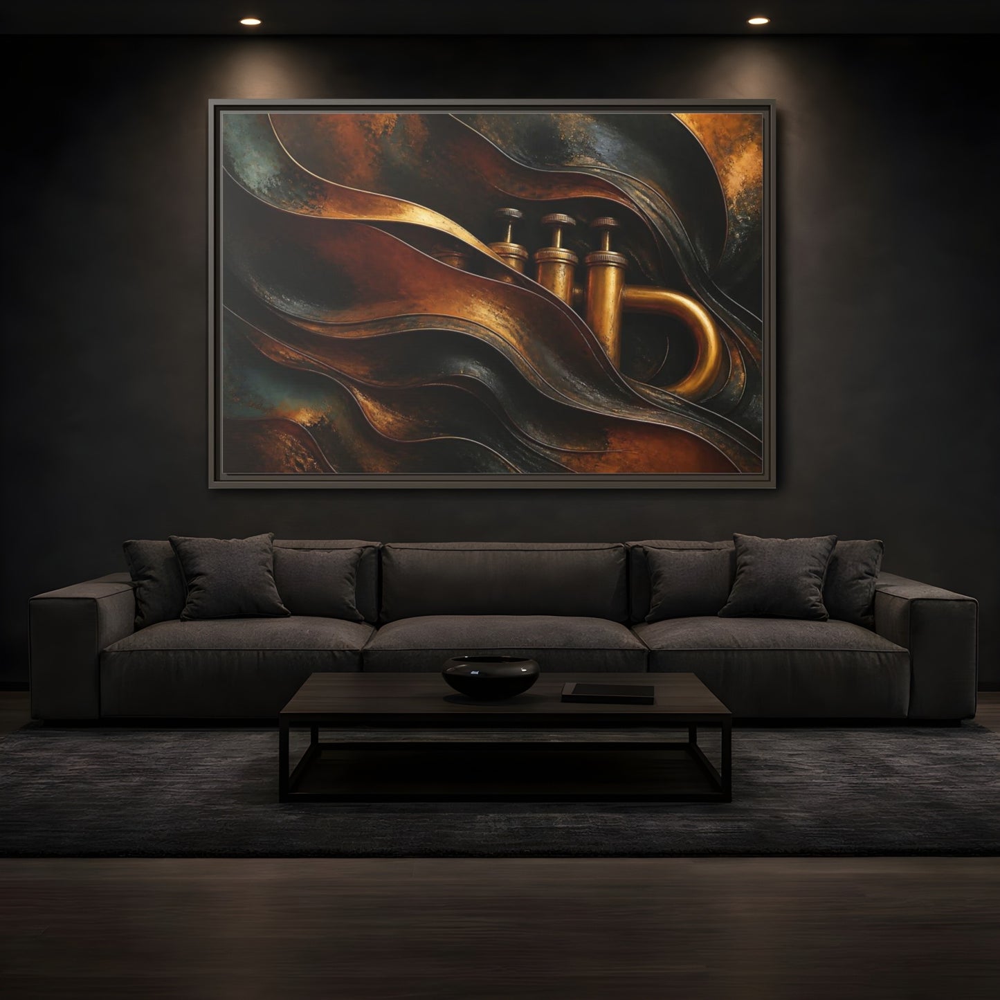 Mockup 3. Abstract Trumpet Gold And Black shown as framed canvas print