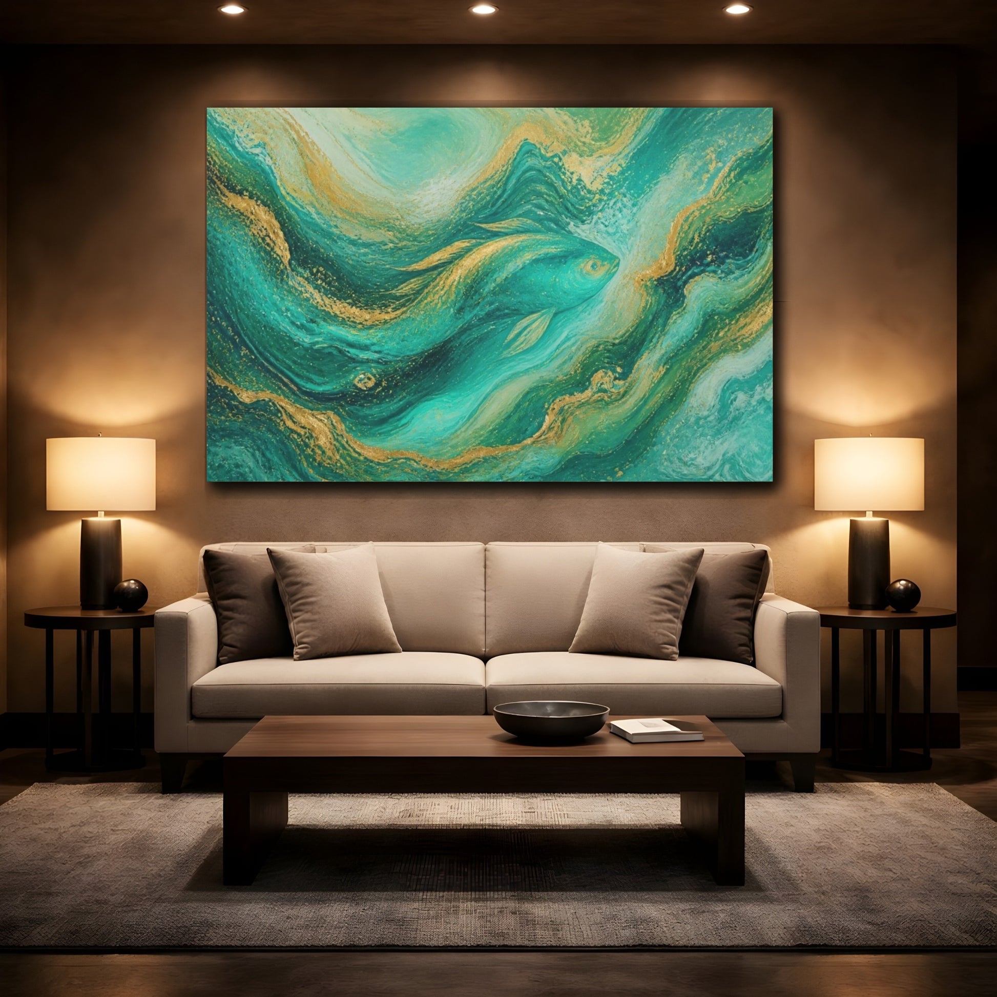 Mockup 2. Abstract Turquoise Fish shown as canvas print