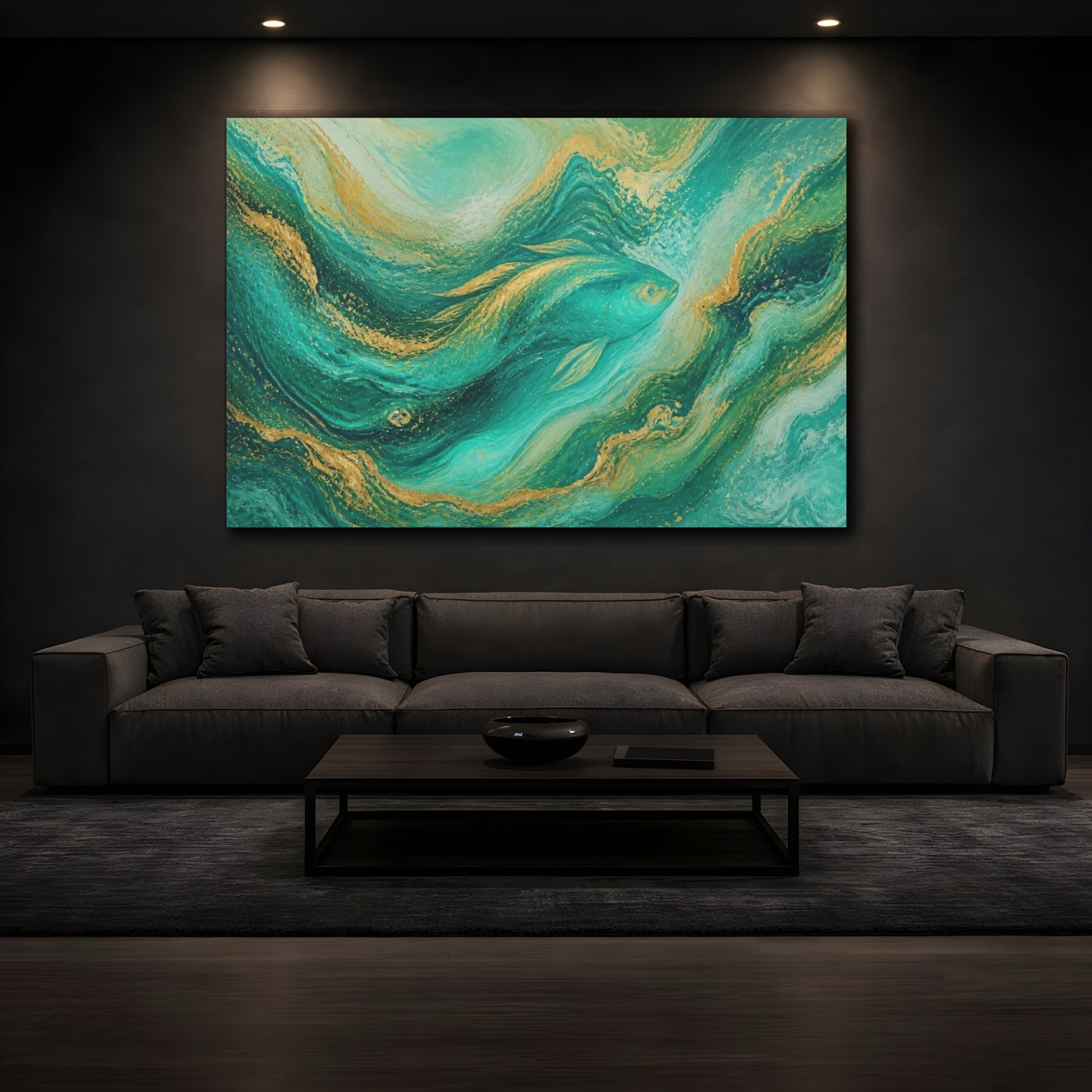 Mockup 3. Abstract Turquoise Fish shown as canvas print