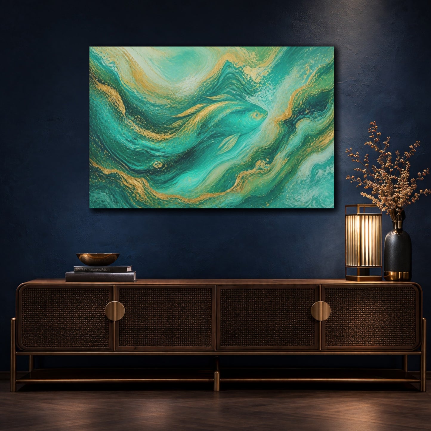 Mockup 4. Abstract Turquoise Fish shown as canvas print
