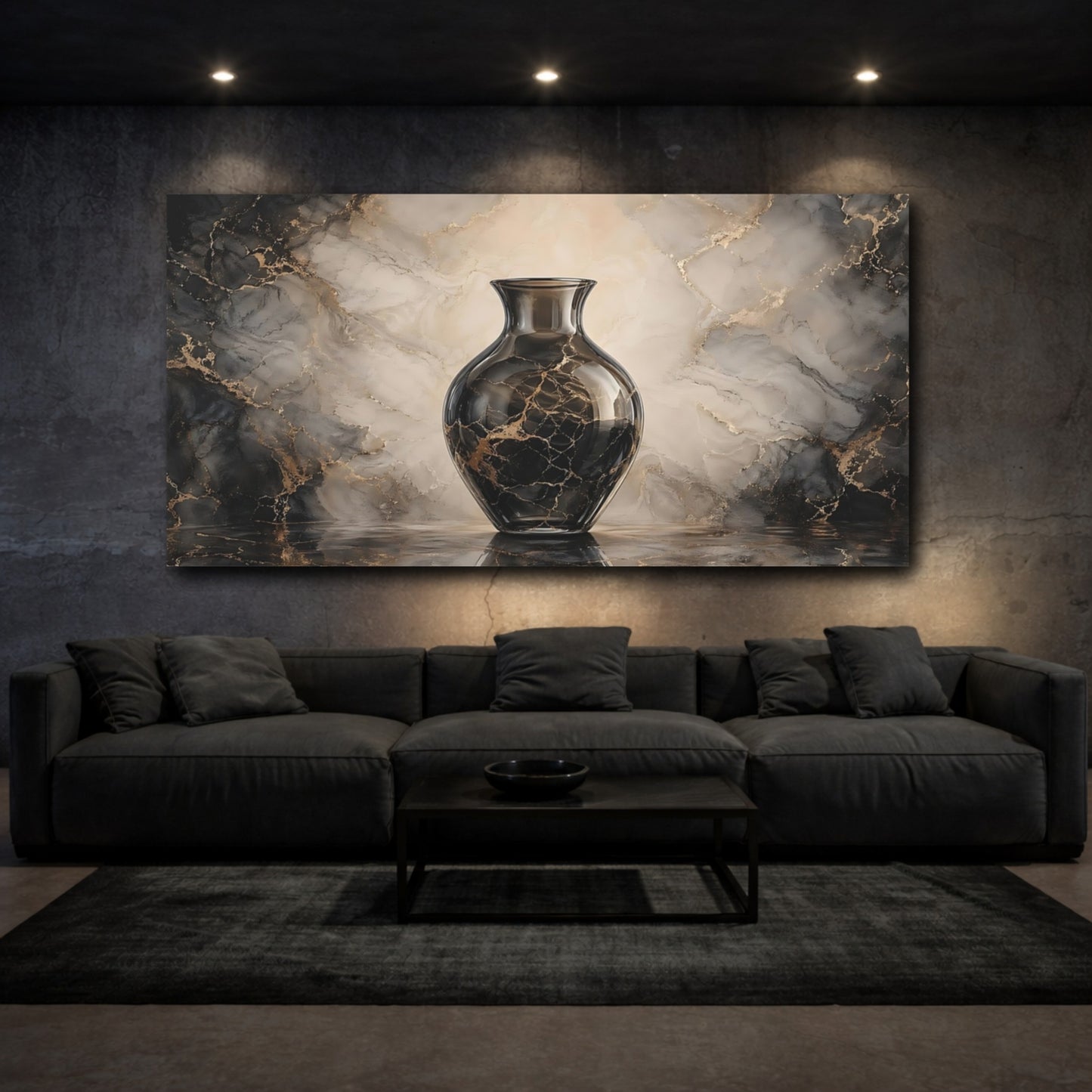 Mockup 2. Abstract Vase Black And Gold shown as stretched canvas wall art
