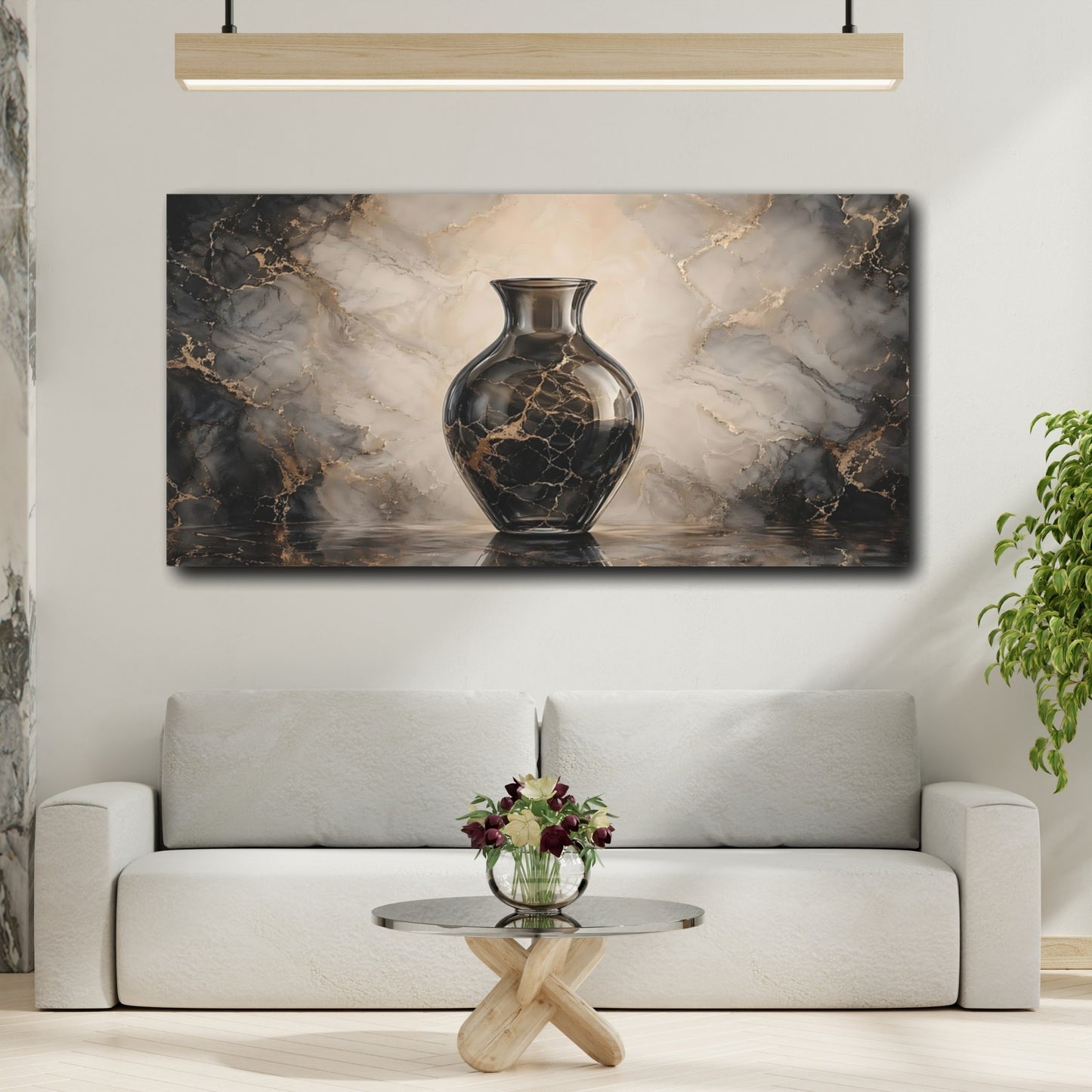Mockup 3. Abstract Vase Black And Gold shown as stretched canvas wall art