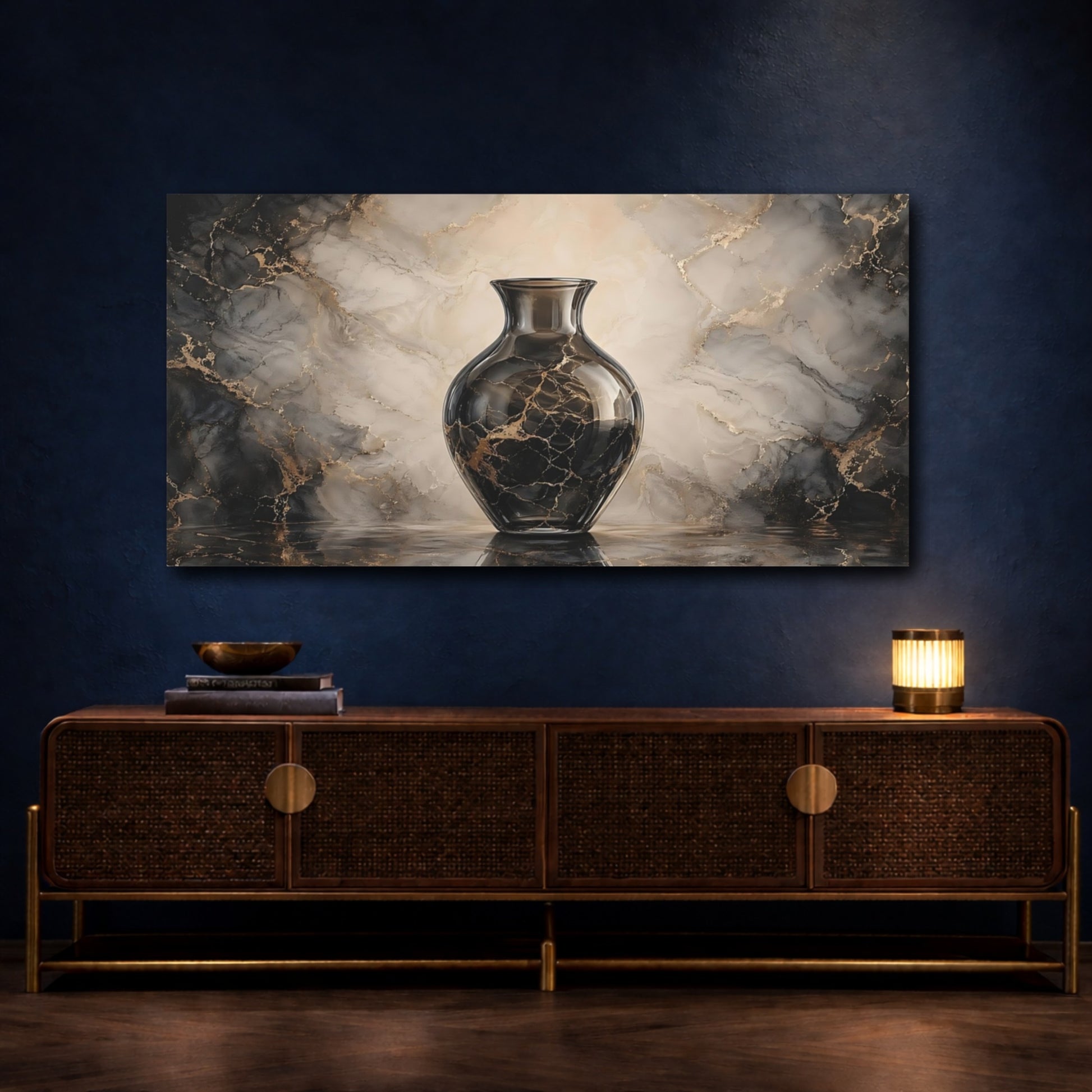 Mockup 4. Abstract Vase Black And Gold shown as stretched canvas wall art
