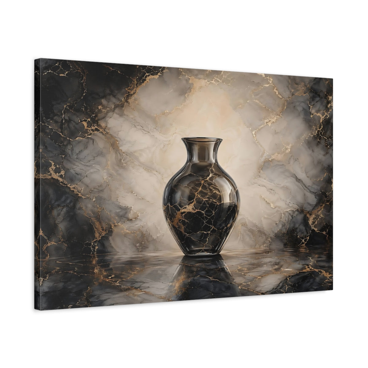 Side Mockup 2. Abstract Vase Black Gold Marble shown as stretched canvas wall art