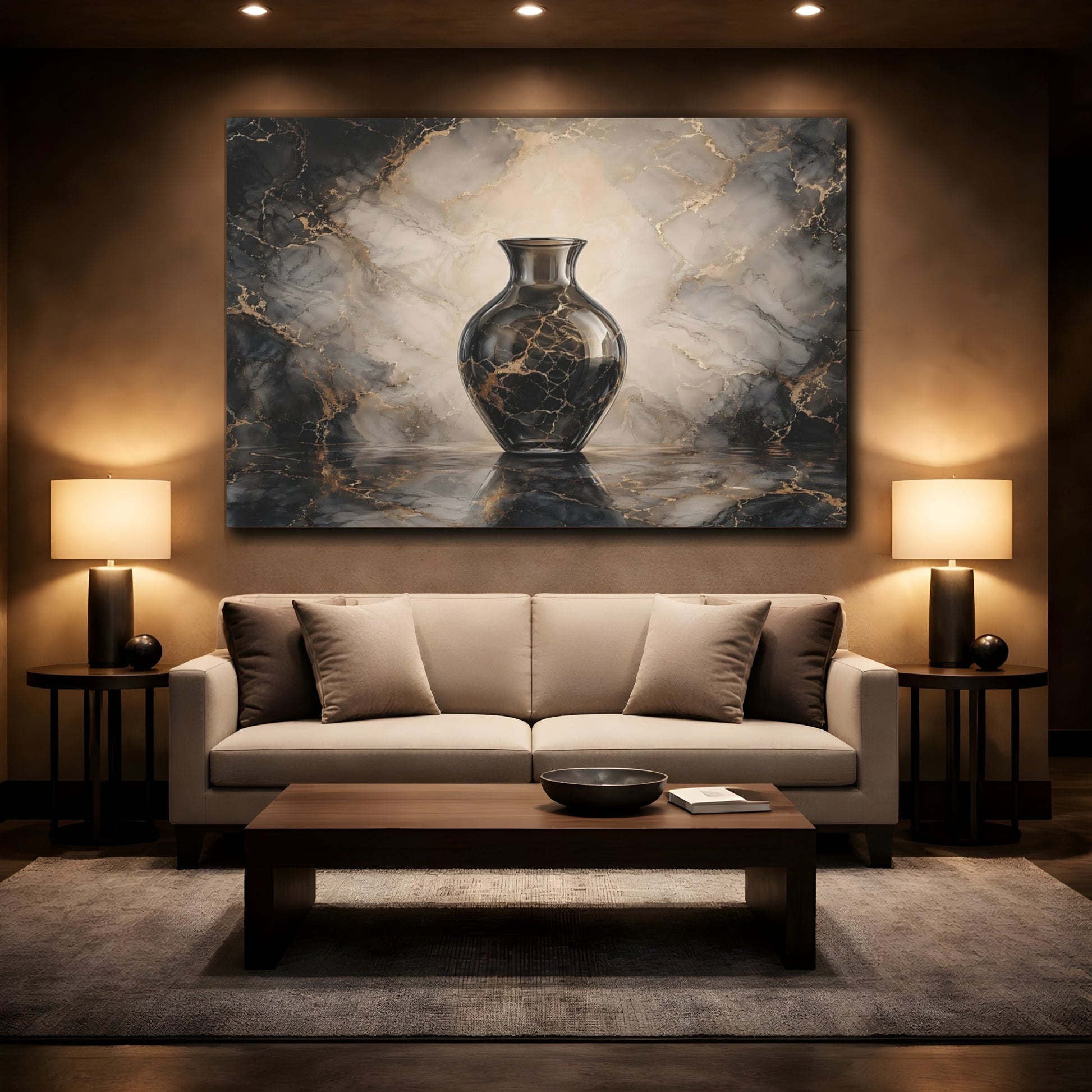 Mockup 2. Abstract Vase Black Gold Marble shown as stretched canvas wall art
