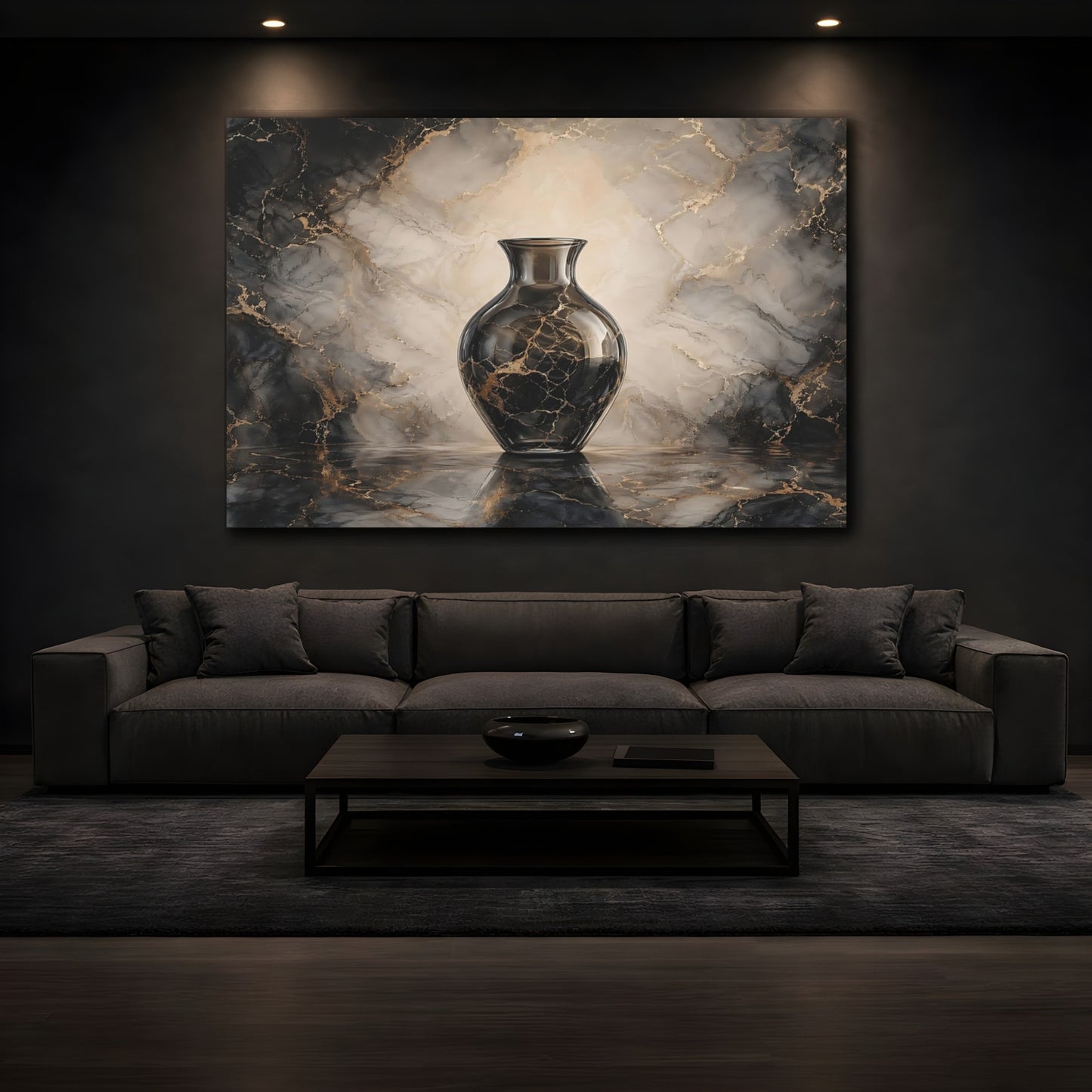 Mockup 3. Abstract Vase Black Gold Marble shown as stretched canvas wall art