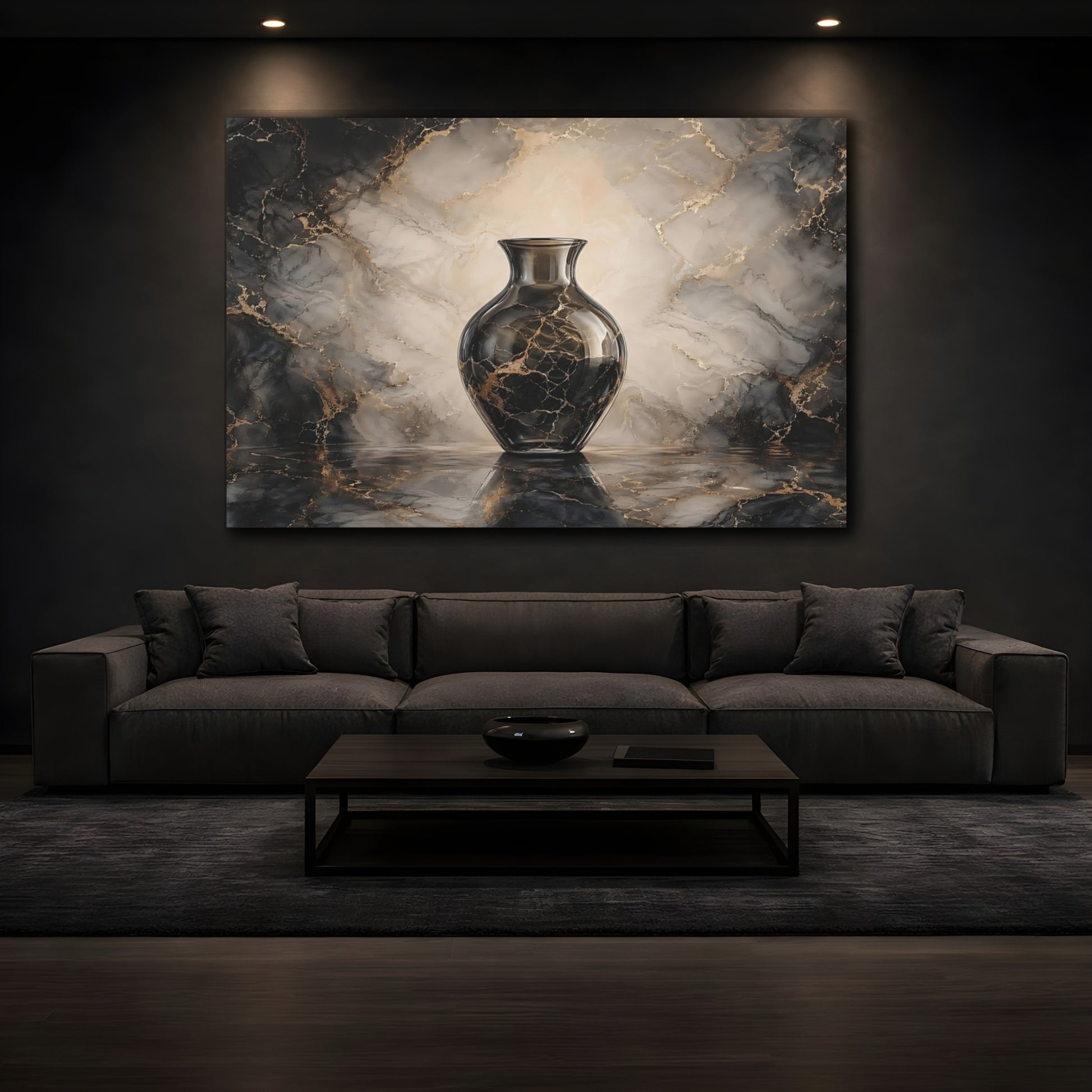 Mockup 3. Abstract Vase Black Gold Marble shown as stretched canvas wall art