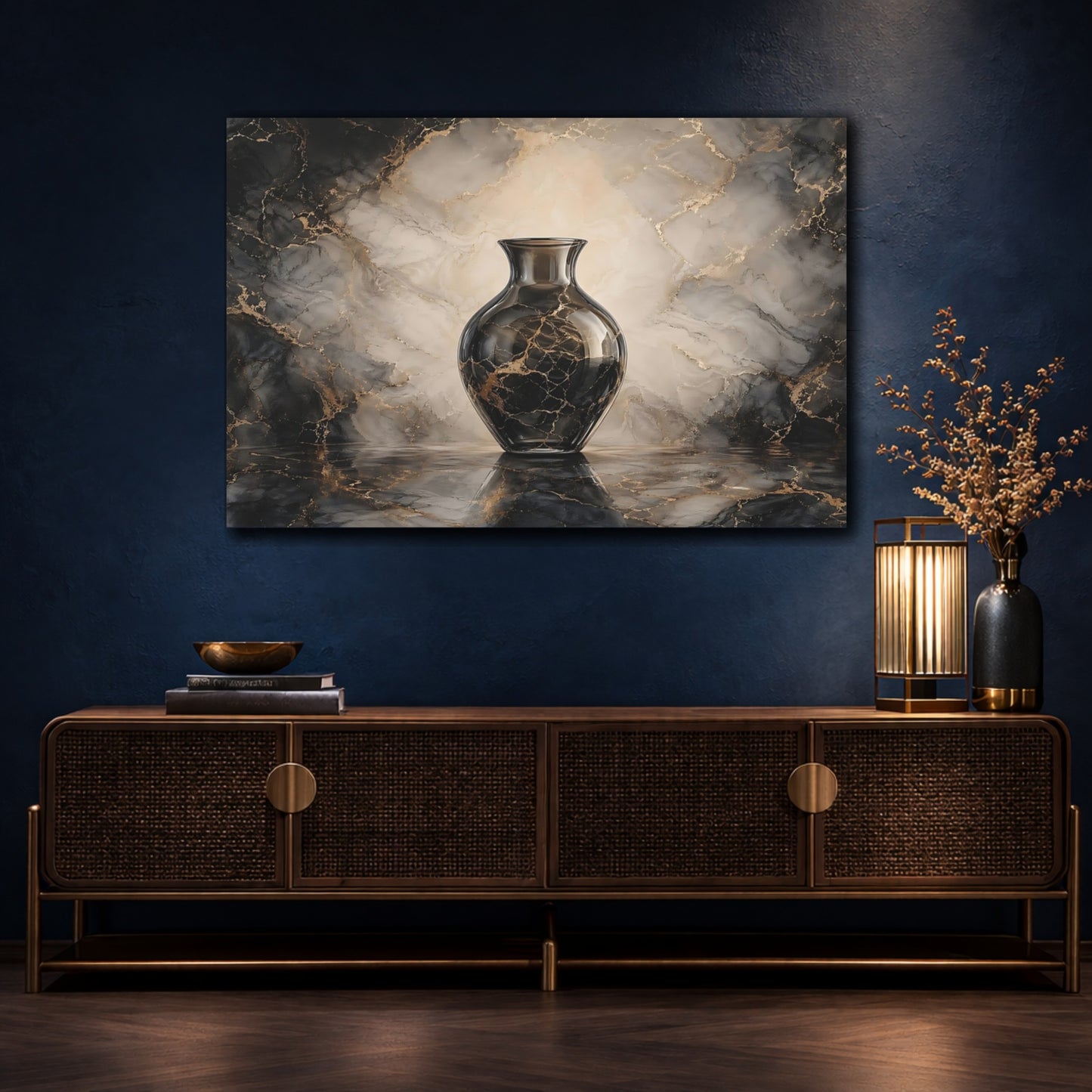 Mockup 4. Abstract Vase Black Gold Marble shown as stretched canvas wall art