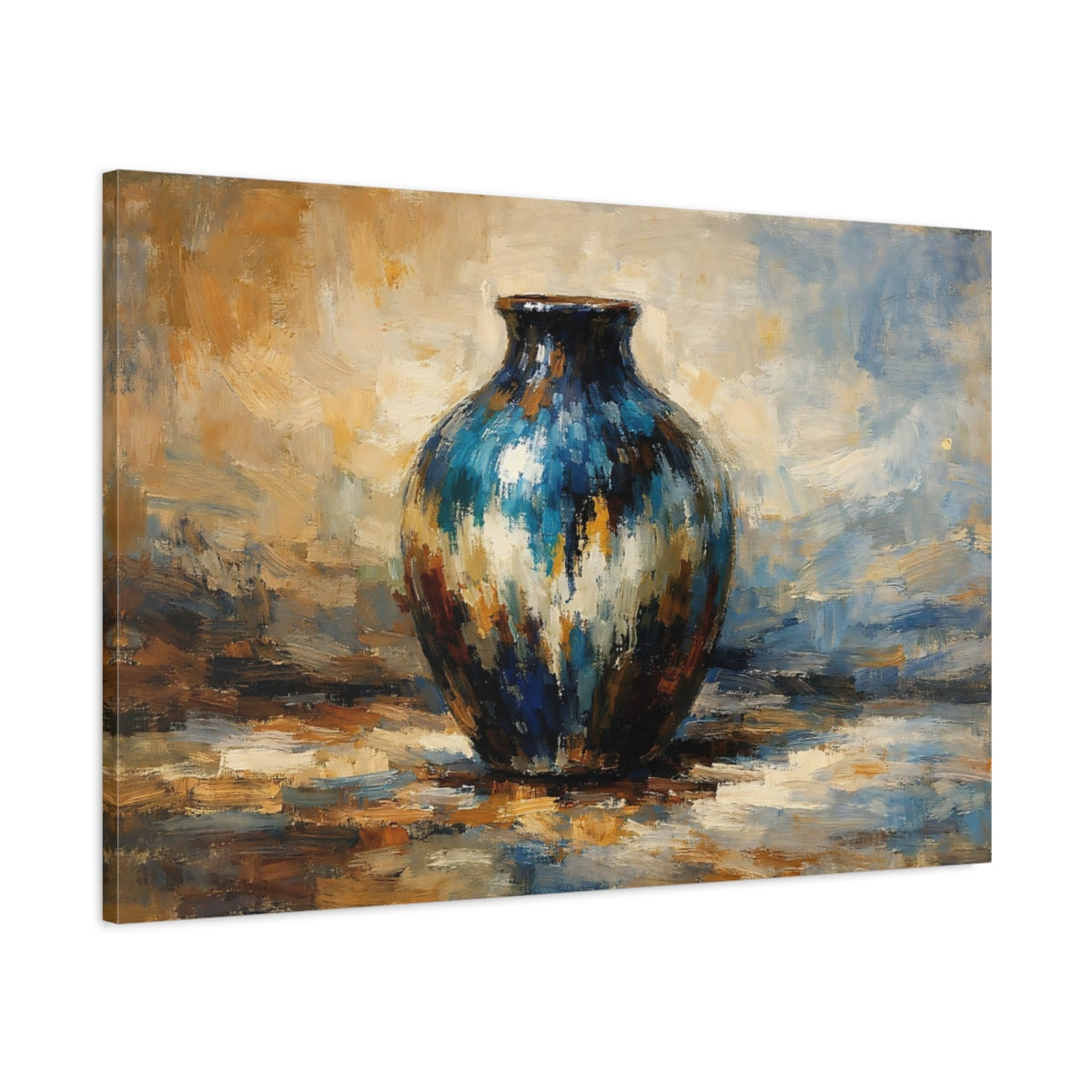 Side Mockup 1. Abstract Vase Blue Gold Vase shown as stretched canvas wall art