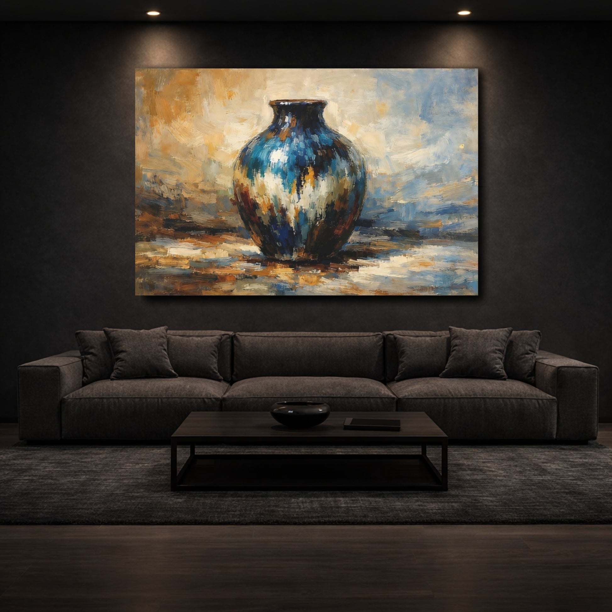 Mockup 2. Abstract Vase Blue Gold Vase shown as stretched canvas wall art
