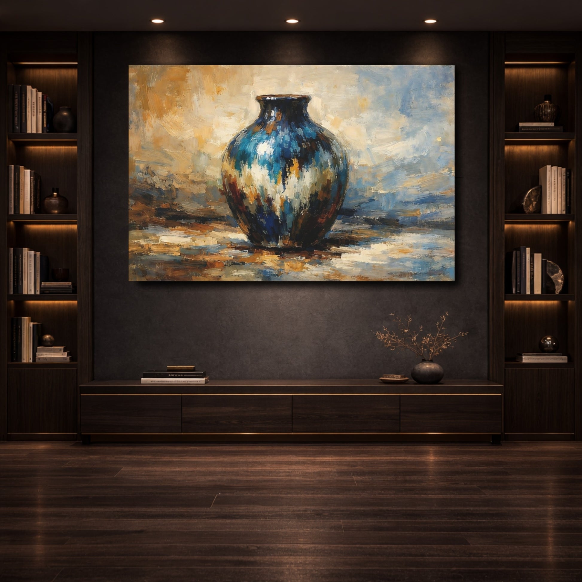 Mockup 3. Abstract Vase Blue Gold Vase shown as stretched canvas wall art