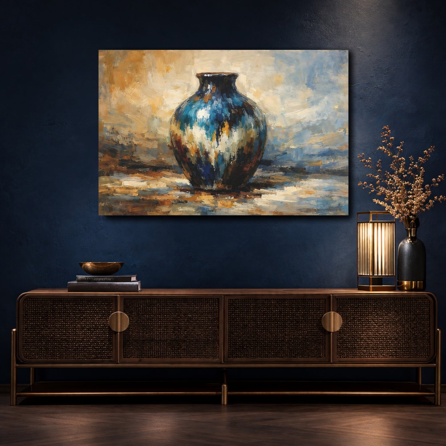 Mockup 4. Abstract Vase Blue Gold Vase shown as stretched canvas wall art