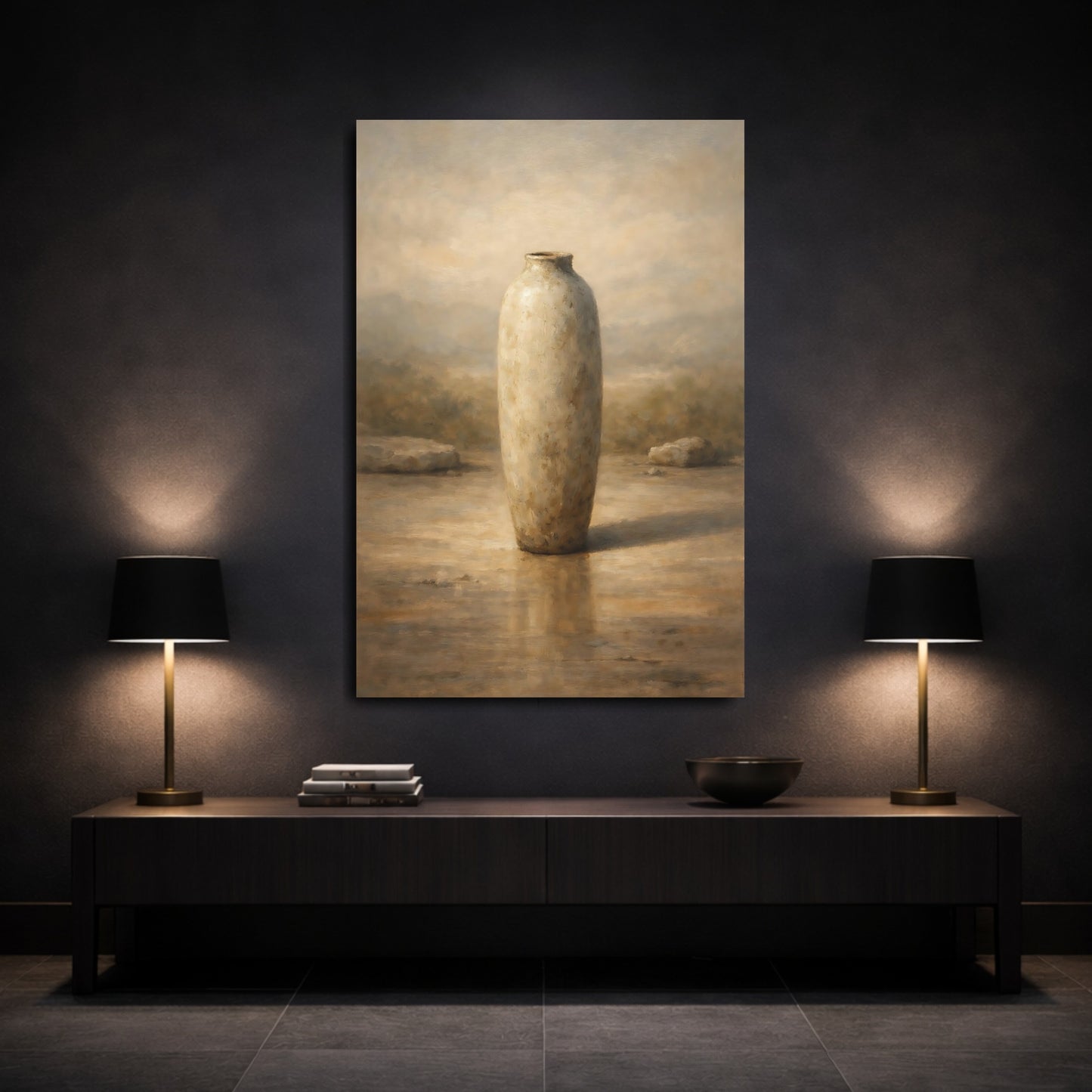 Mockup 2. Abstract Vase Brown And Beige shown as stretched canvas wall art