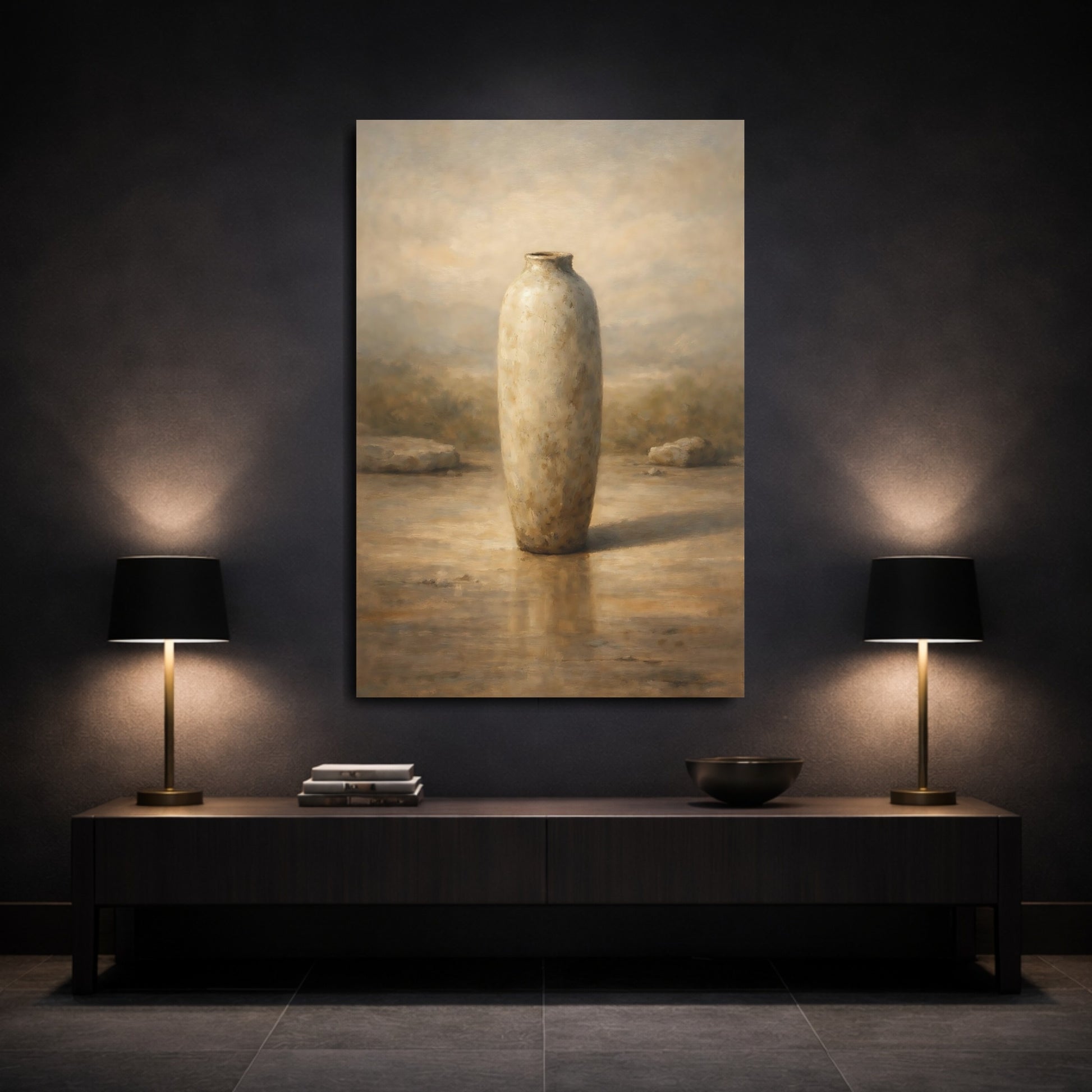 Mockup 2. Abstract Vase Brown And Beige shown as stretched canvas wall art