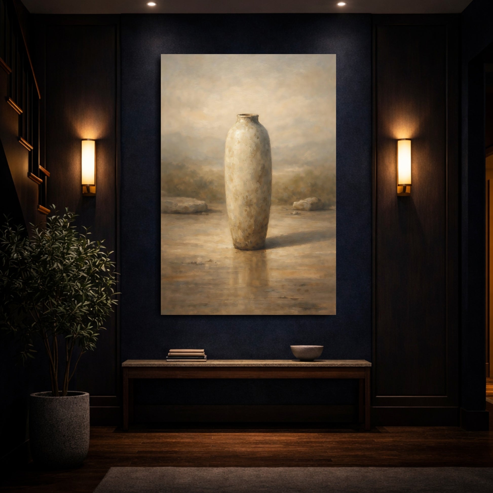 Mockup 3. Abstract Vase Brown And Beige shown as stretched canvas wall art
