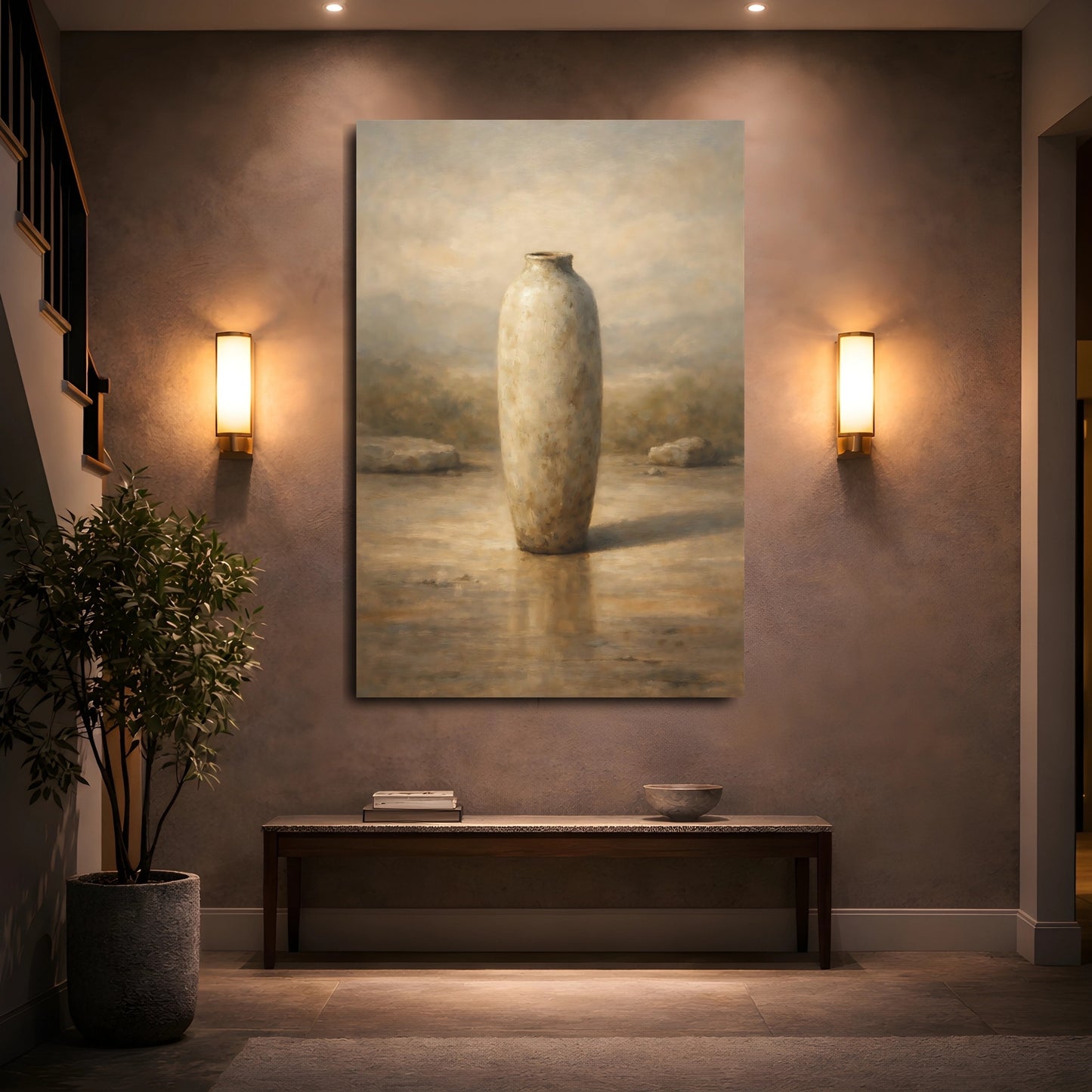 Mockup 4. Abstract Vase Brown And Beige shown as stretched canvas wall art