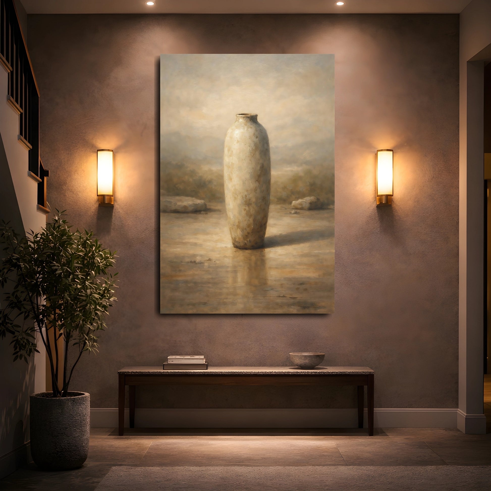 Mockup 4. Abstract Vase Brown And Beige shown as stretched canvas wall art