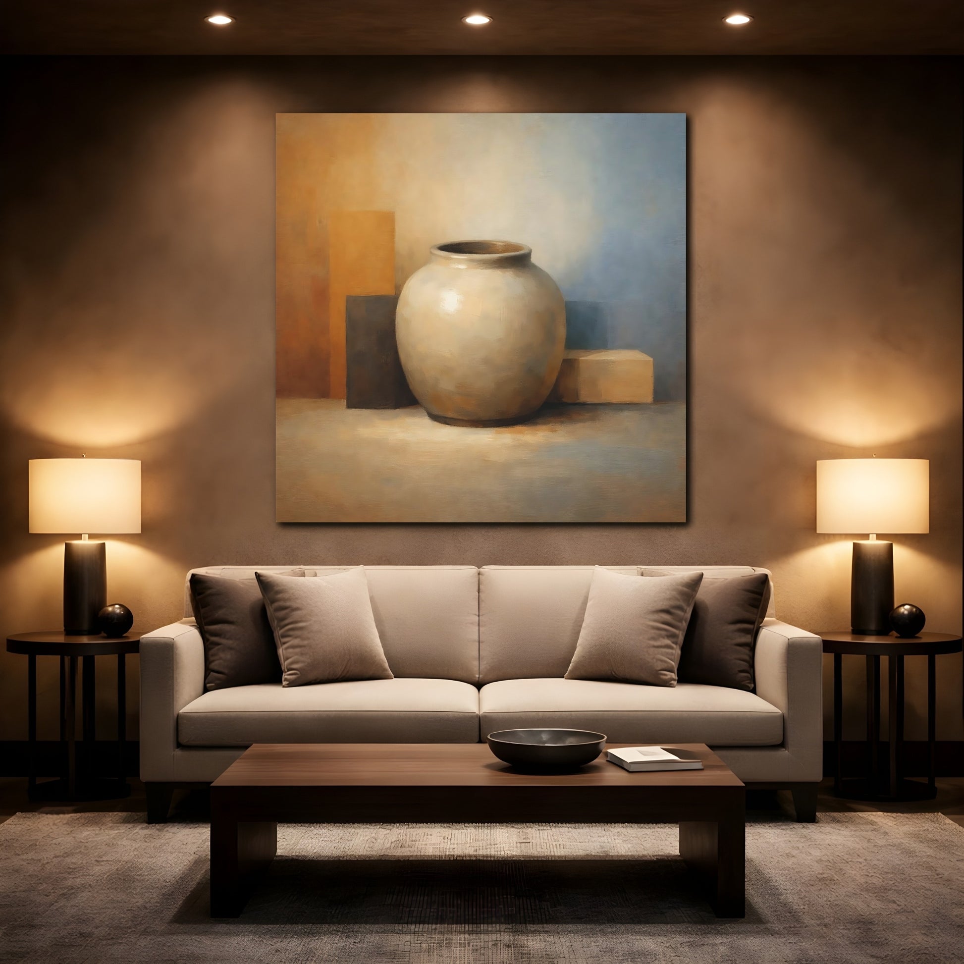 Mockup 2. Abstract Vase Earthy Tones shown as stretched canvas wall art