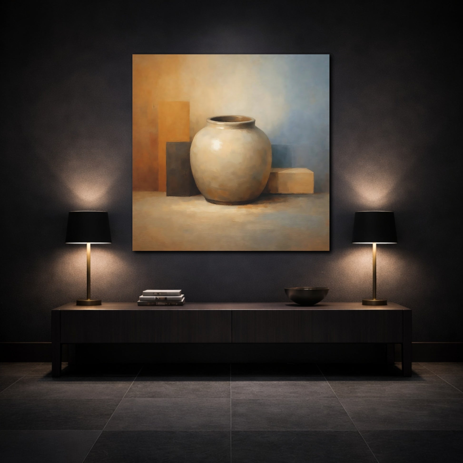 Mockup 3. Abstract Vase Earthy Tones shown as stretched canvas wall art