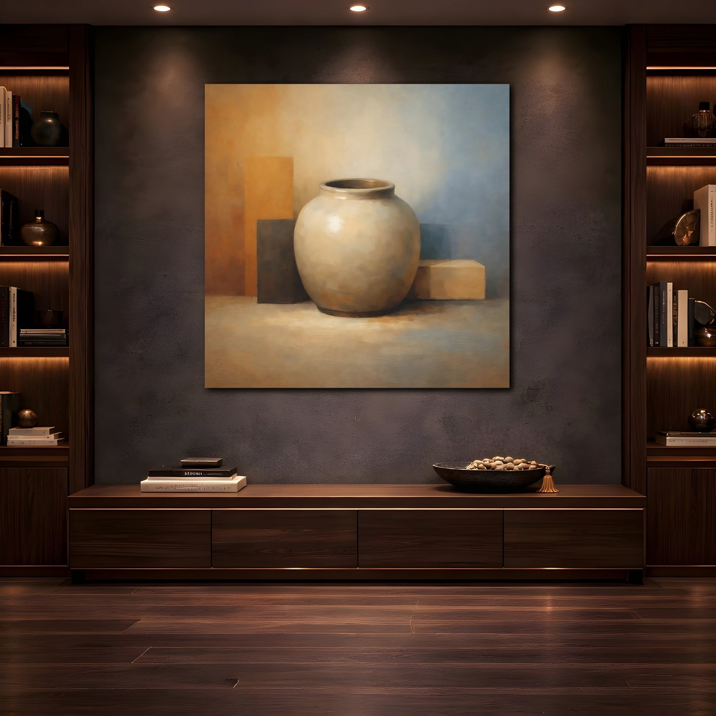 Mockup 4. Abstract Vase Earthy Tones shown as stretched canvas wall art