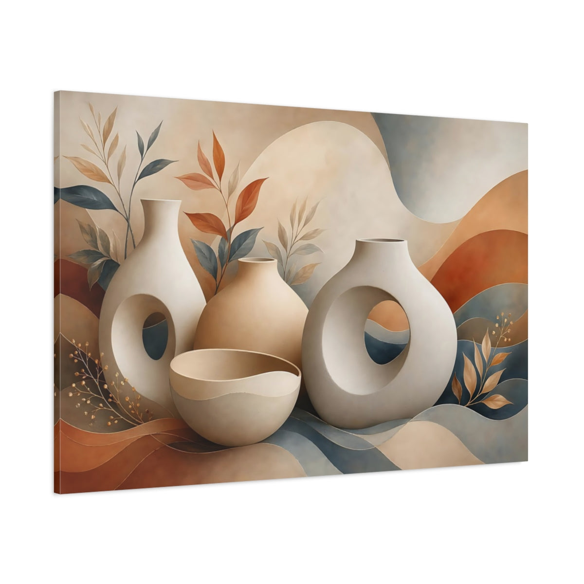 Side Mockup 1. Abstract Abstract Vases Warm Toned Vases shown as stretched canvas wall art