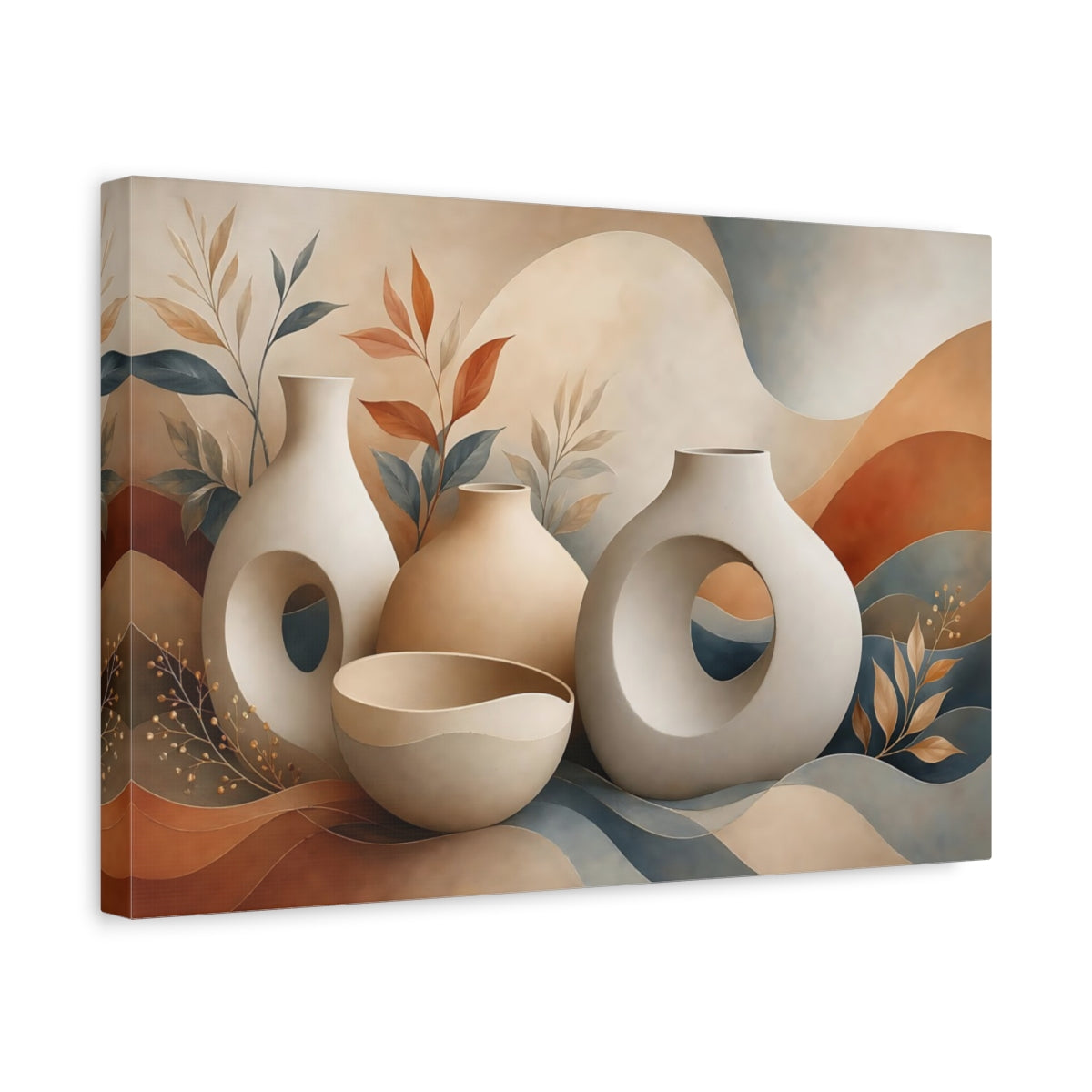 Side Mockup 4. Abstract Abstract Vases Warm Toned Vases shown as stretched canvas wall art