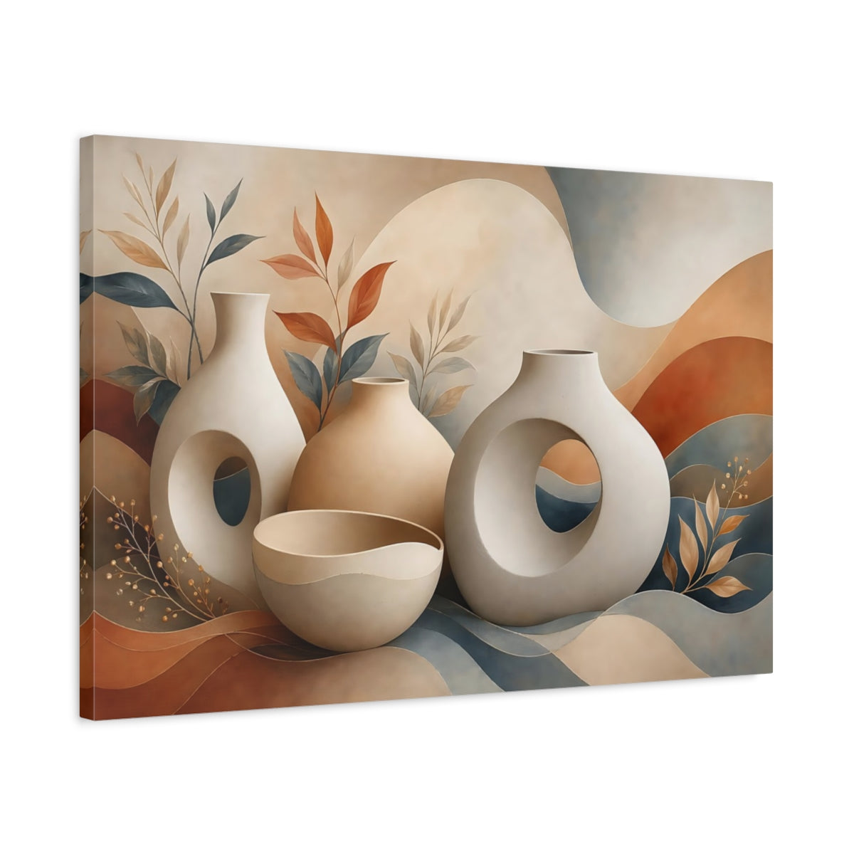 Side Mockup 2. Abstract Abstract Vases Warm Toned Vases shown as stretched canvas wall art