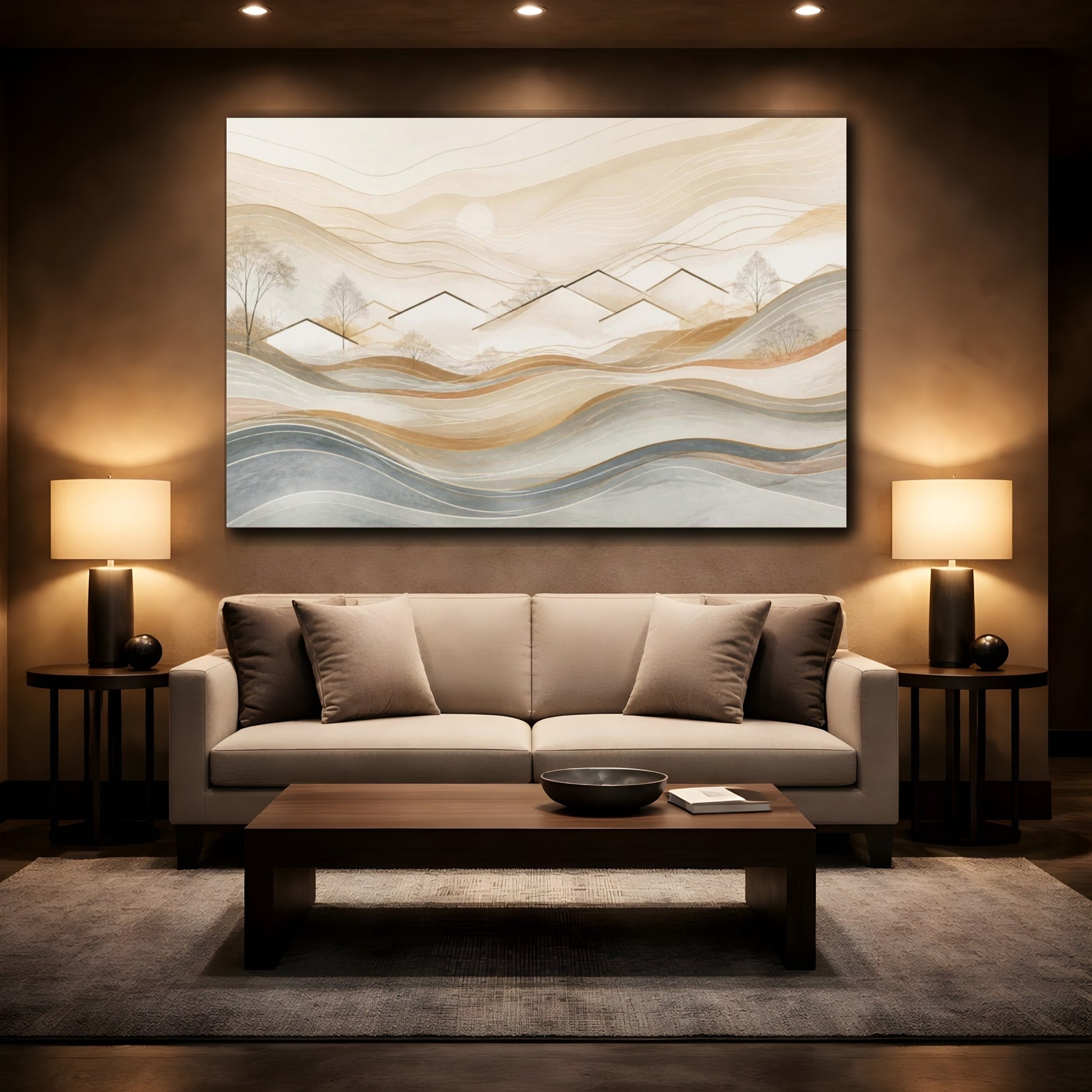 Mockup 2. Abstract Village Rooftops shown as canvas print