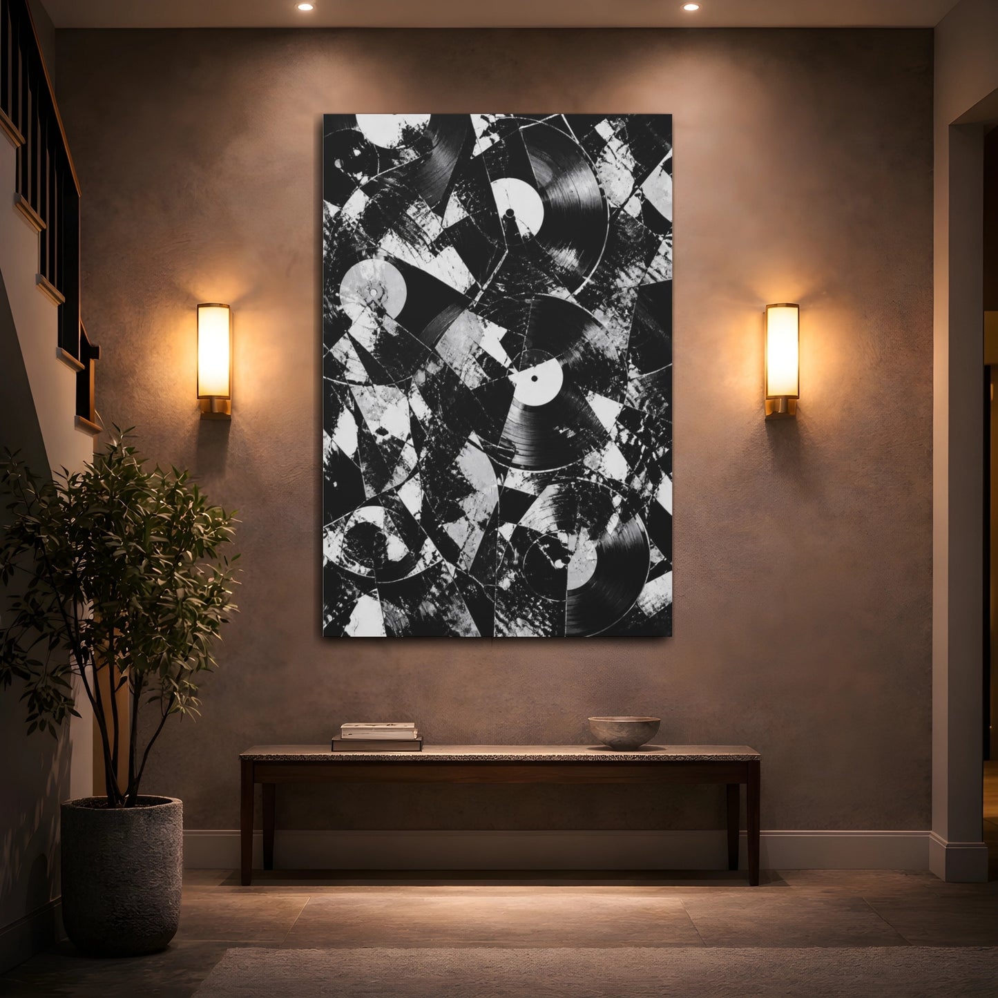 Mockup 2. Abstract Vinyl Record Collage shown as canvas print