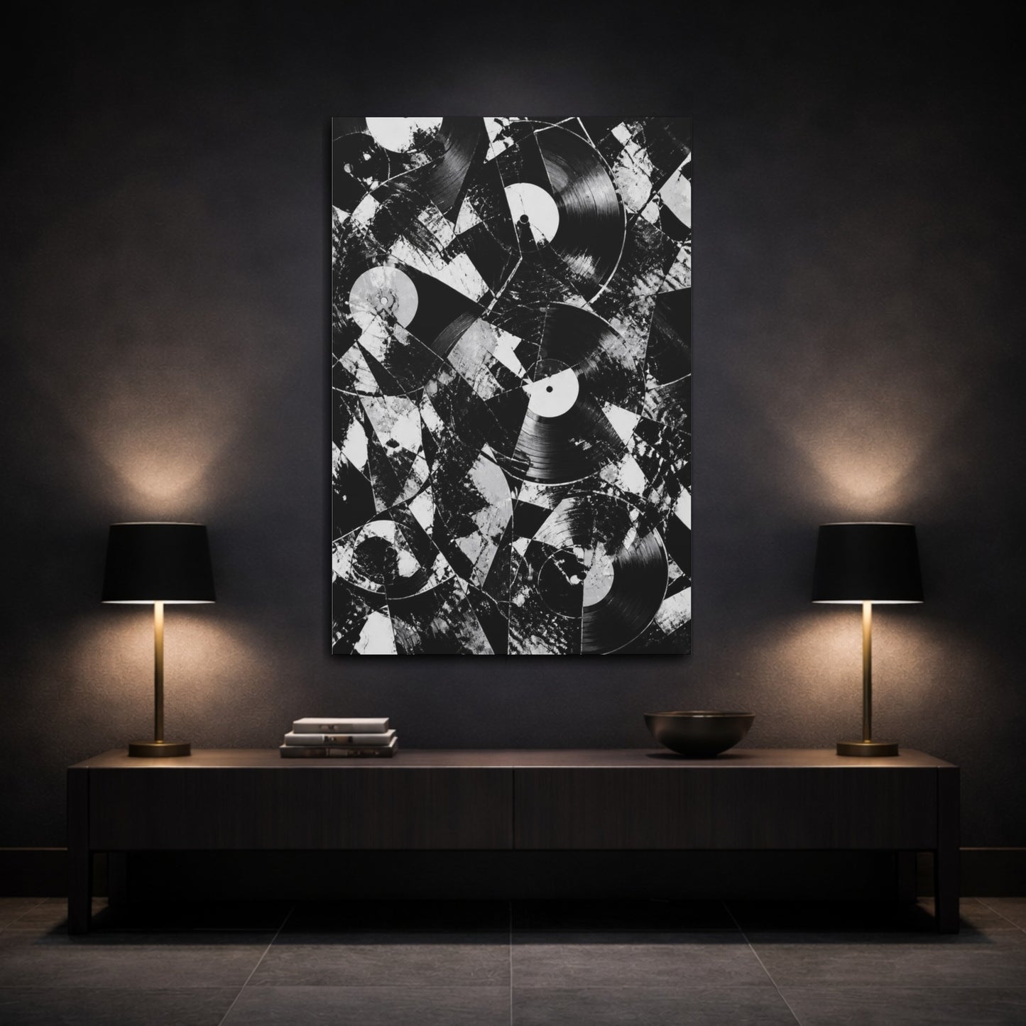 Mockup 3. Abstract Vinyl Record Collage shown as canvas print