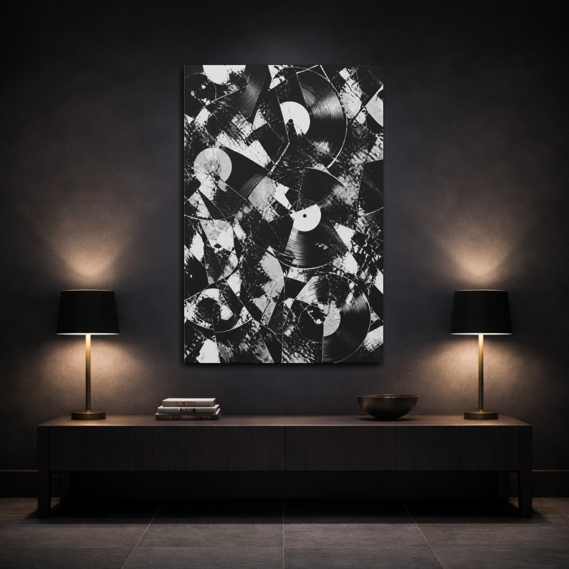 Mockup 3. Abstract Vinyl Record Collage shown as canvas print