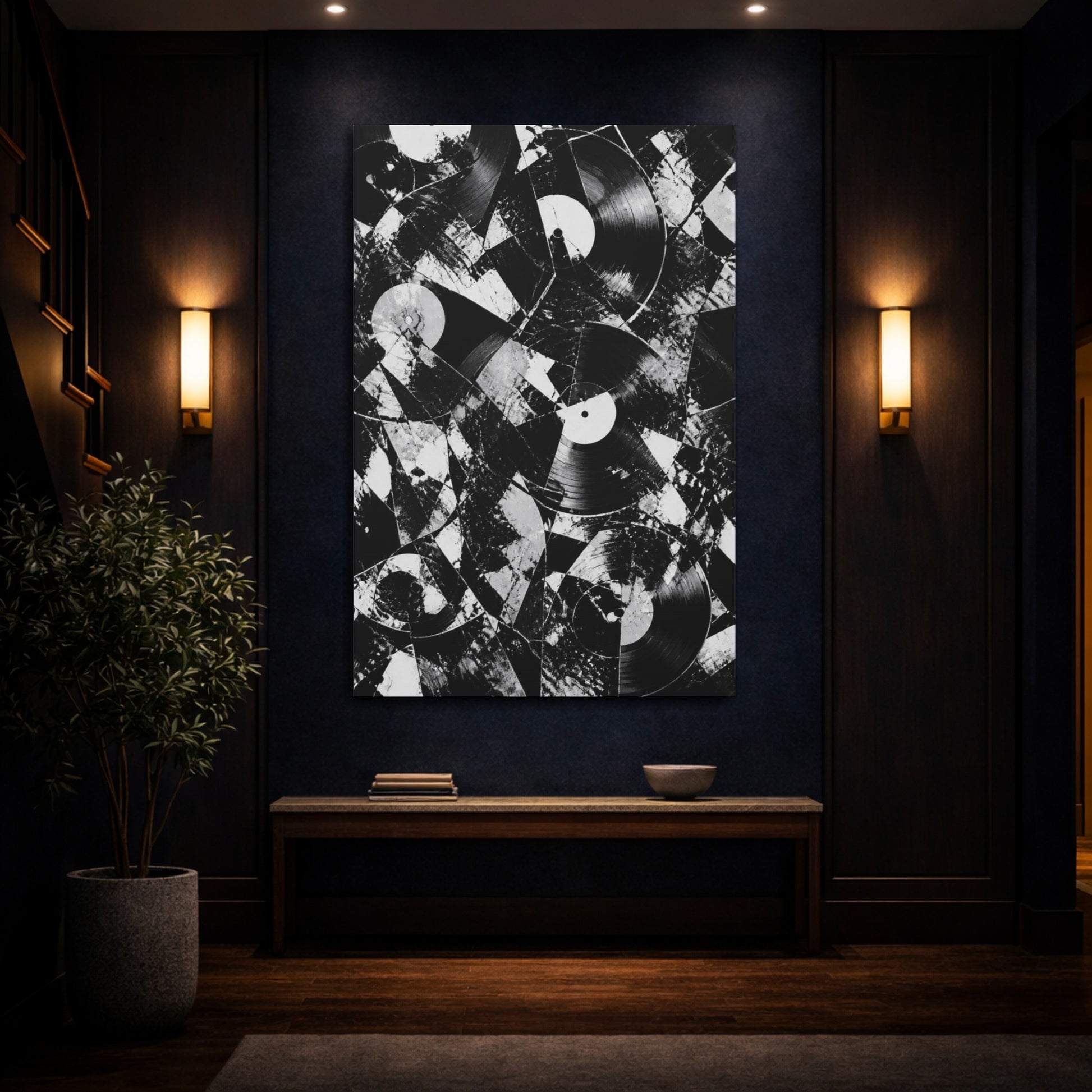 Mockup 4. Abstract Vinyl Record Collage shown as canvas print