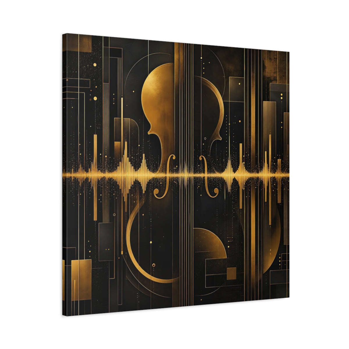 Main Mockup. Abstract Violin Black And Gold shown as stretched canvas wall art