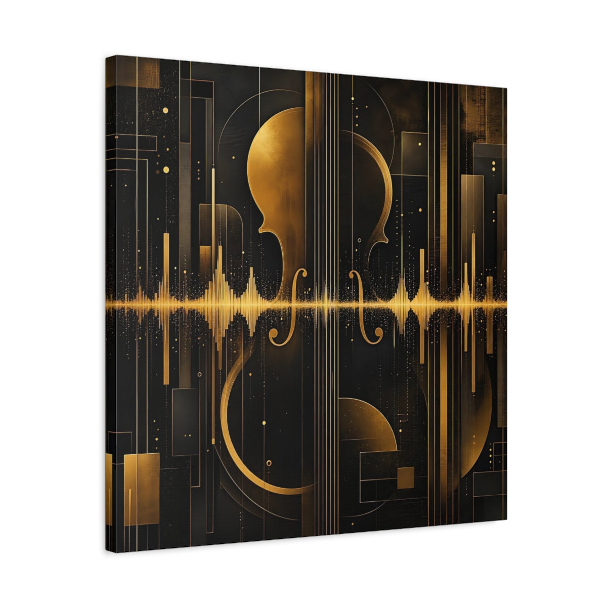 Side Mockup 4. Abstract Violin Black And Gold shown as stretched canvas wall art
