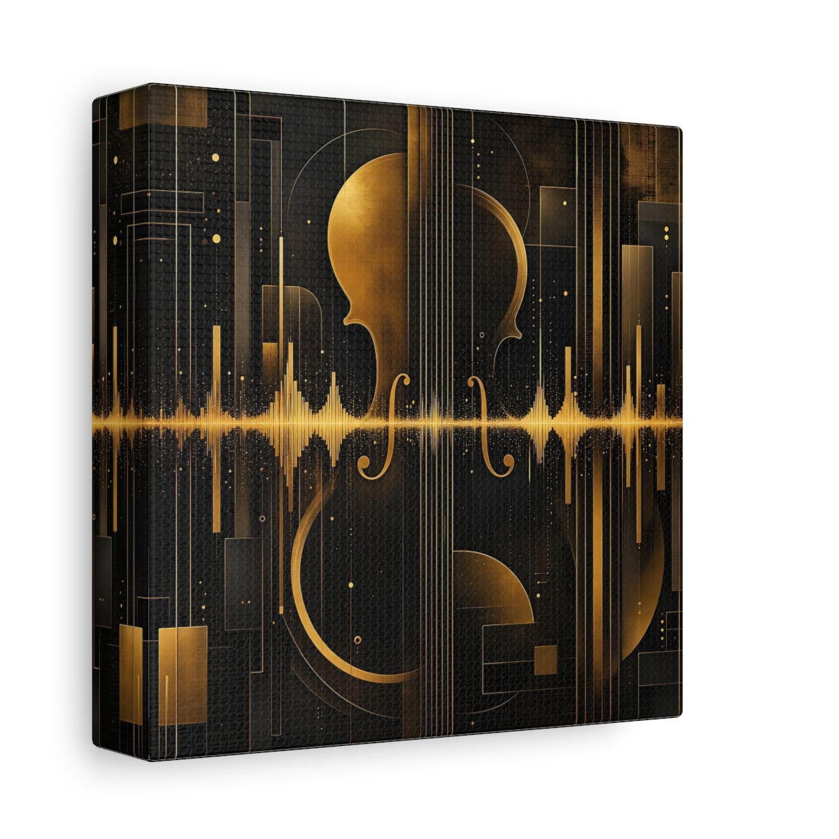 Side Mockup 2. Abstract Violin Black And Gold shown as stretched canvas wall art