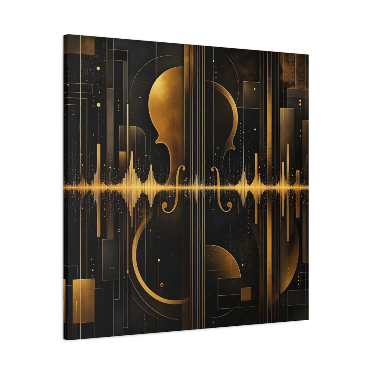 Side Mockup 1. Abstract Violin Black And Gold shown as stretched canvas wall art