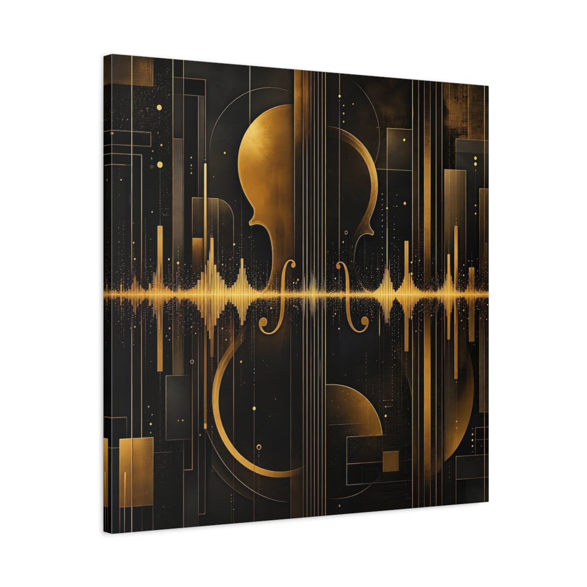 Side Mockup 3. Abstract Violin Black And Gold shown as stretched canvas wall art