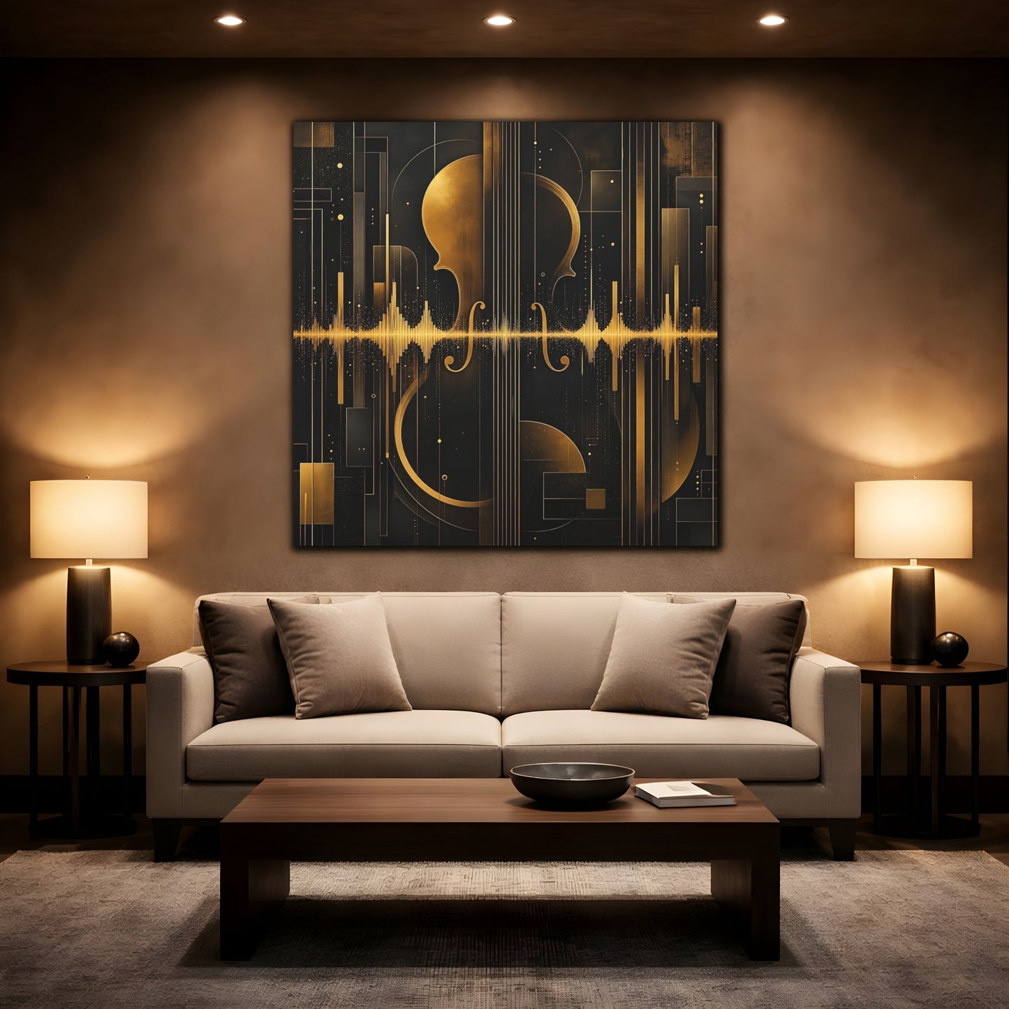 Mockup 2. Abstract Violin Black And Gold shown as stretched canvas wall art