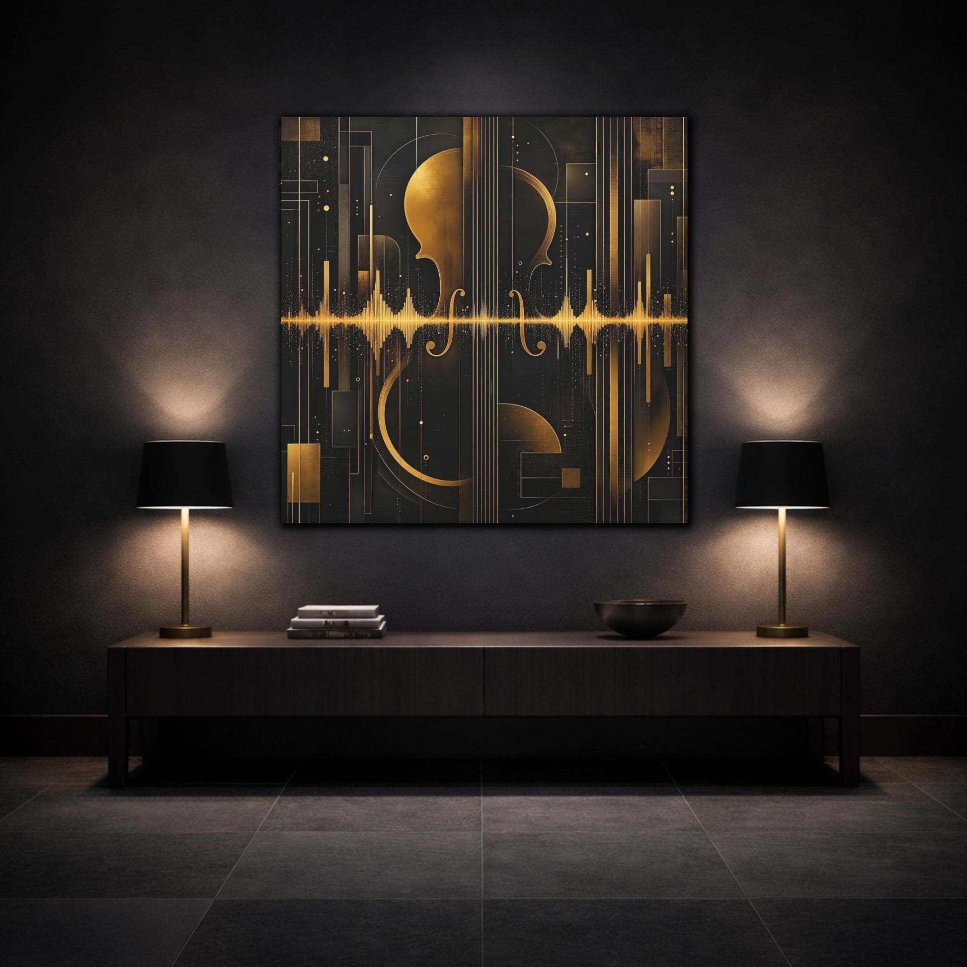 Mockup 3. Abstract Violin Black And Gold shown as stretched canvas wall art