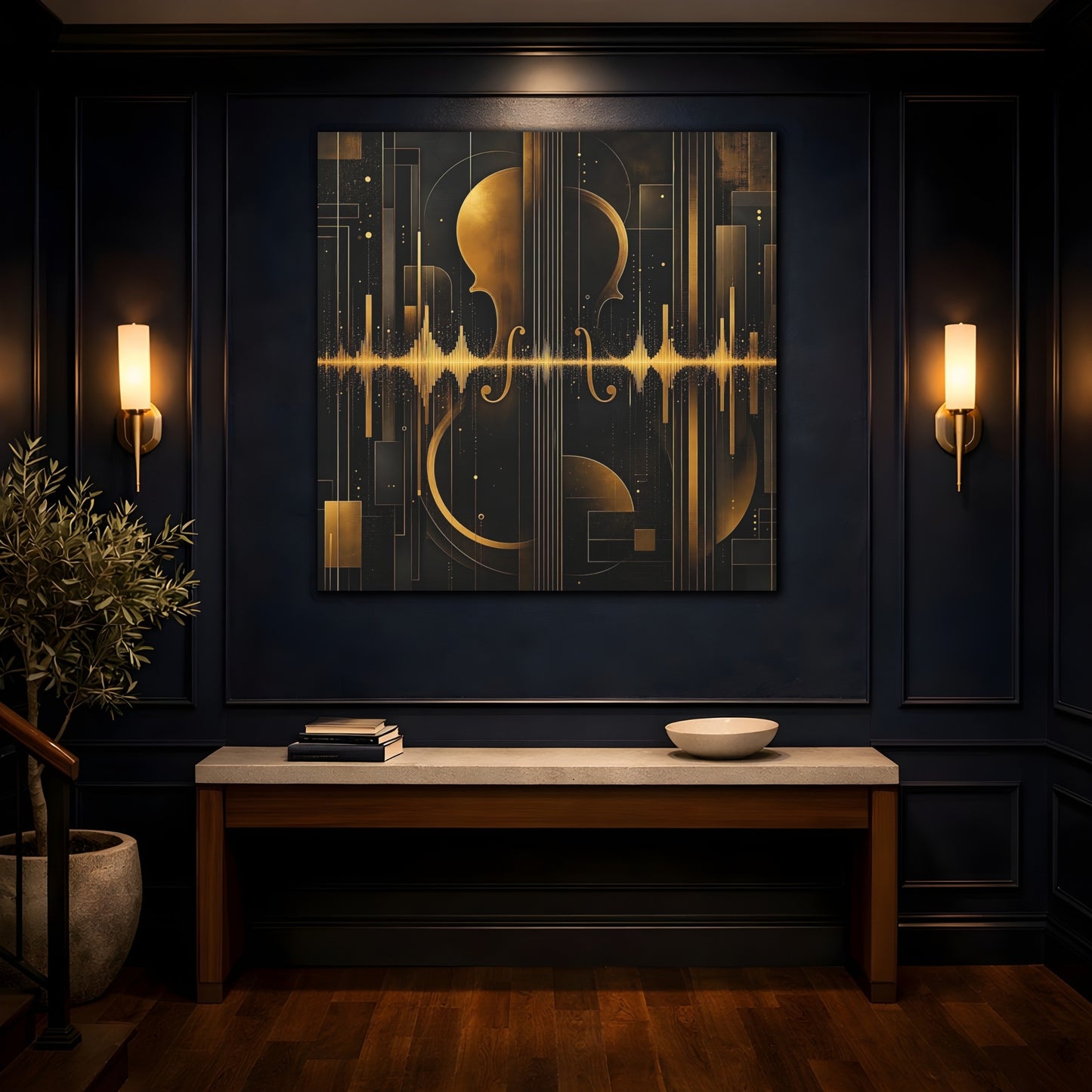 Mockup 4. Abstract Violin Black And Gold shown as stretched canvas wall art