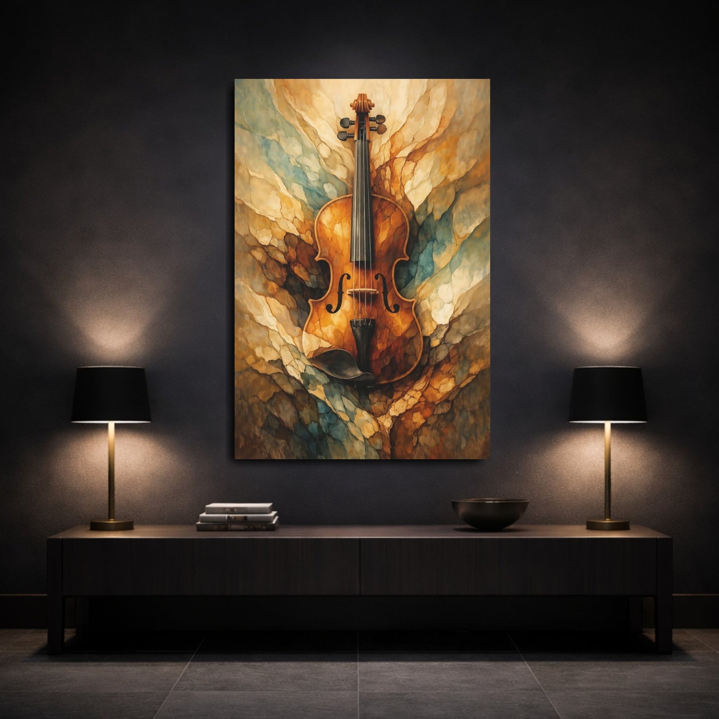 Mockup 2. Abstract Violin Brown And Gold shown as stretched canvas wall art