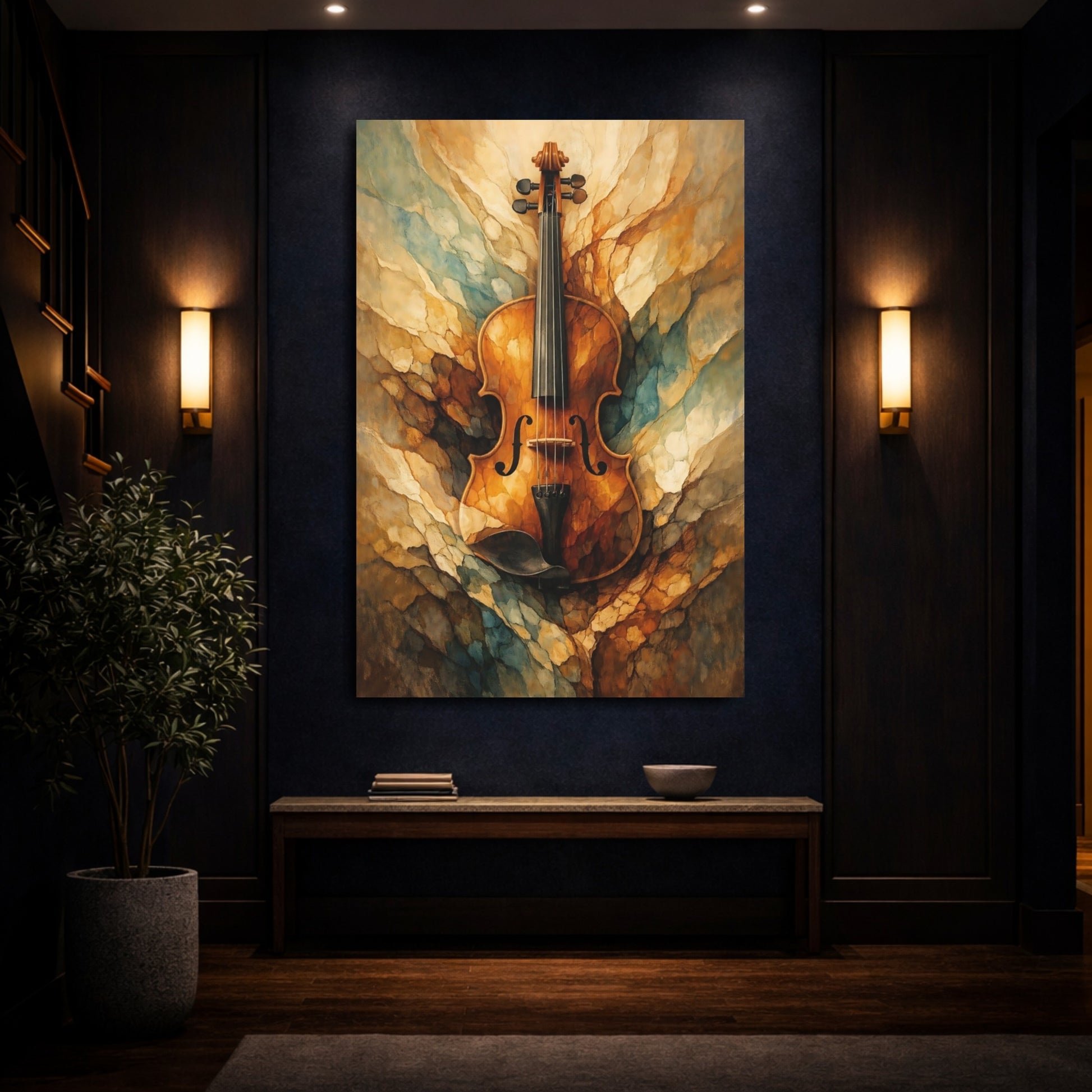 Mockup 3. Abstract Violin Brown And Gold shown as stretched canvas wall art