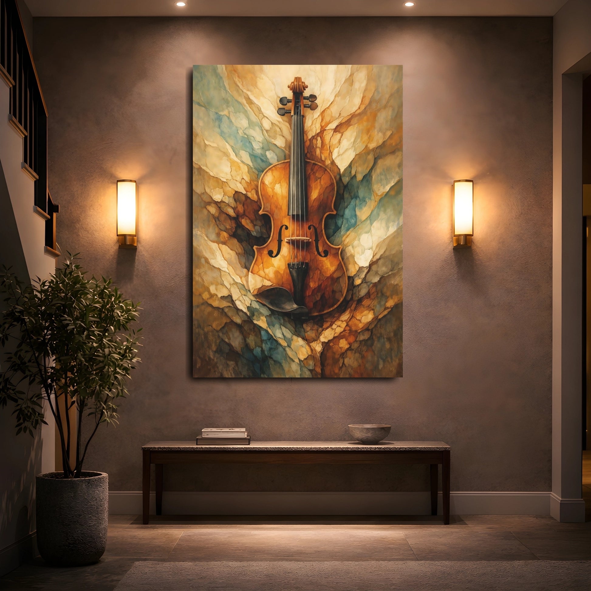 Mockup 4. Abstract Violin Brown And Gold shown as stretched canvas wall art