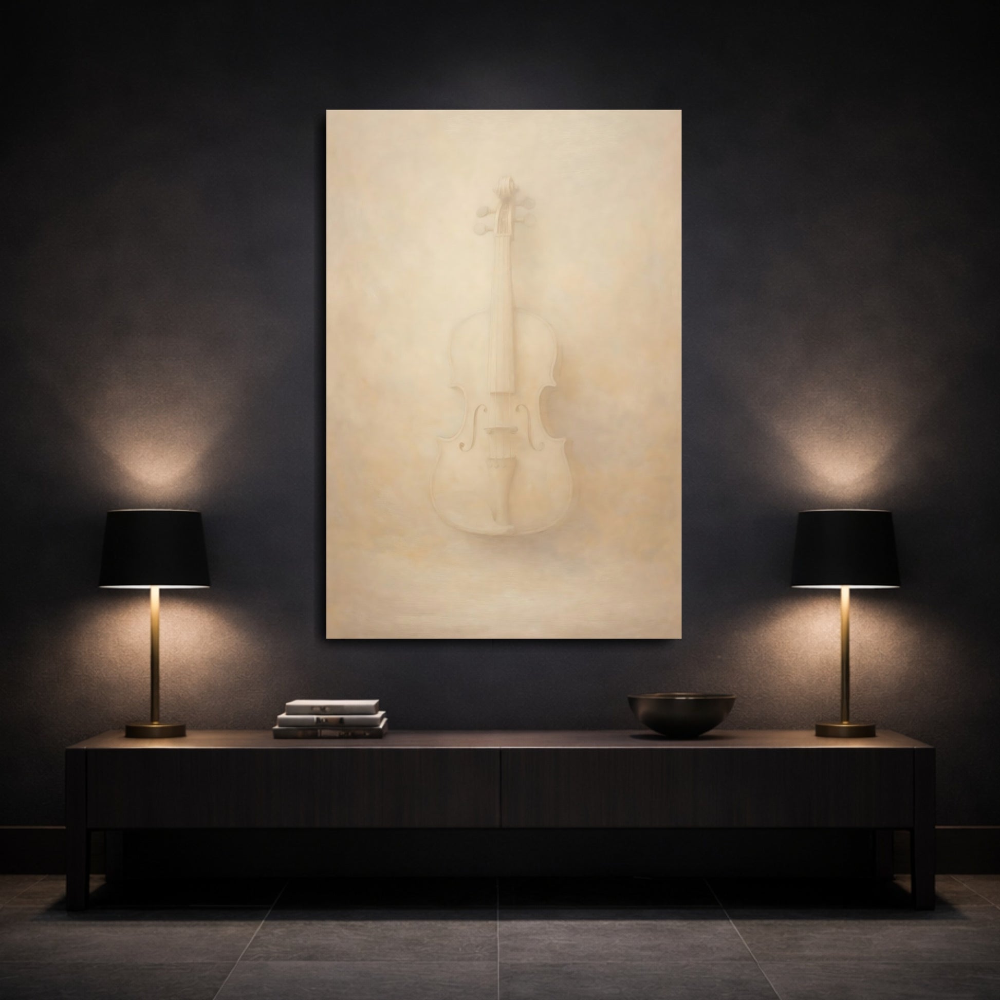 Mockup 2. Abstract Violin Cream Violin shown as stretched canvas wall art