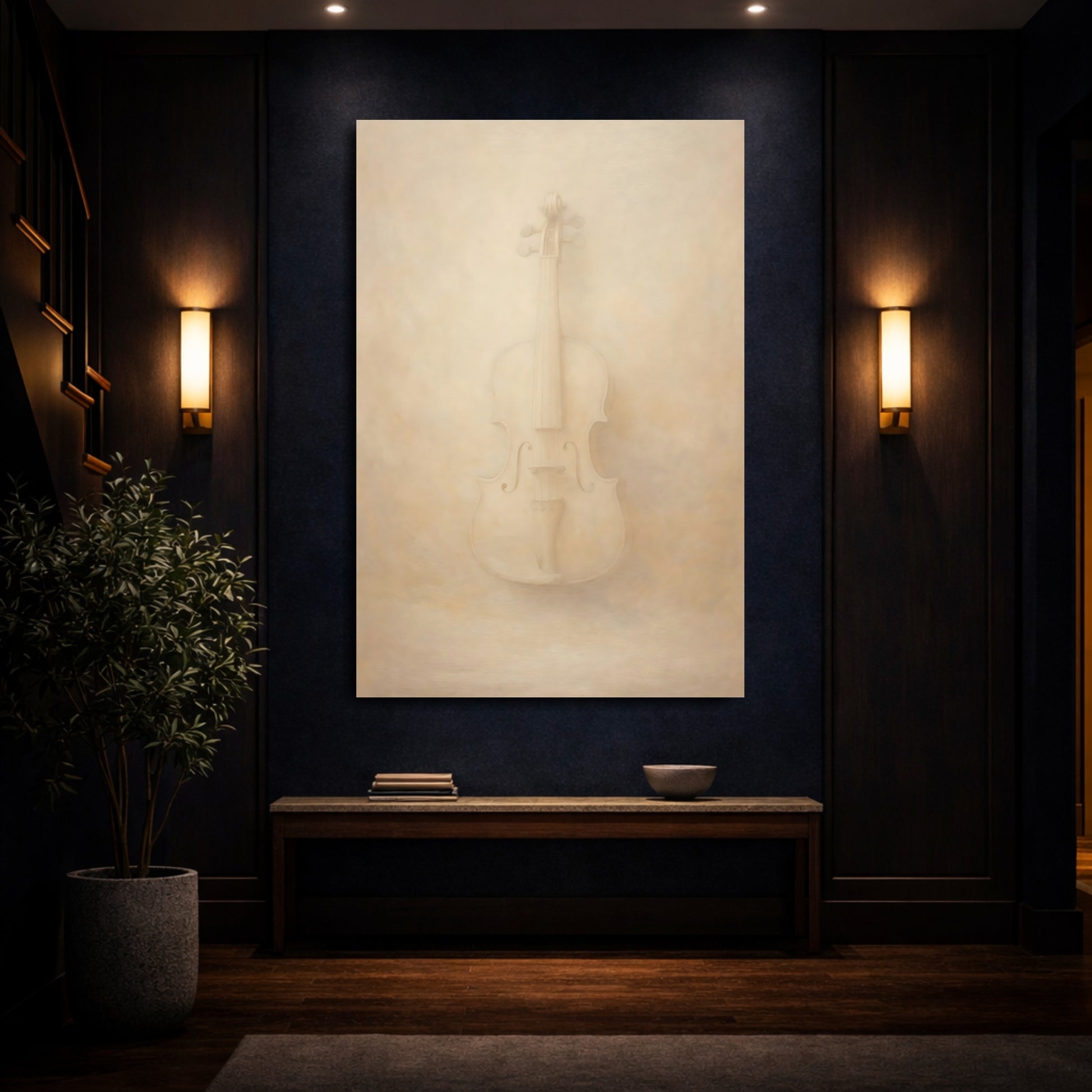 Mockup 3. Abstract Violin Cream Violin shown as stretched canvas wall art