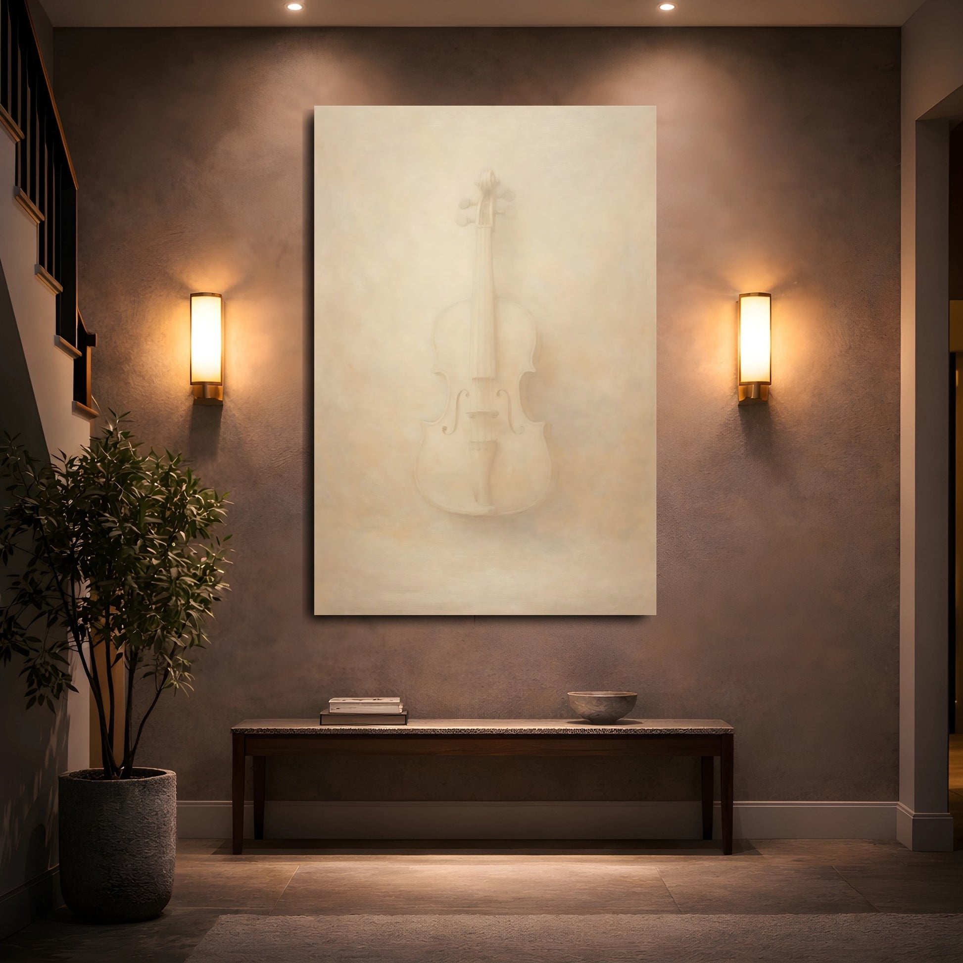 Mockup 4. Abstract Violin Cream Violin shown as stretched canvas wall art