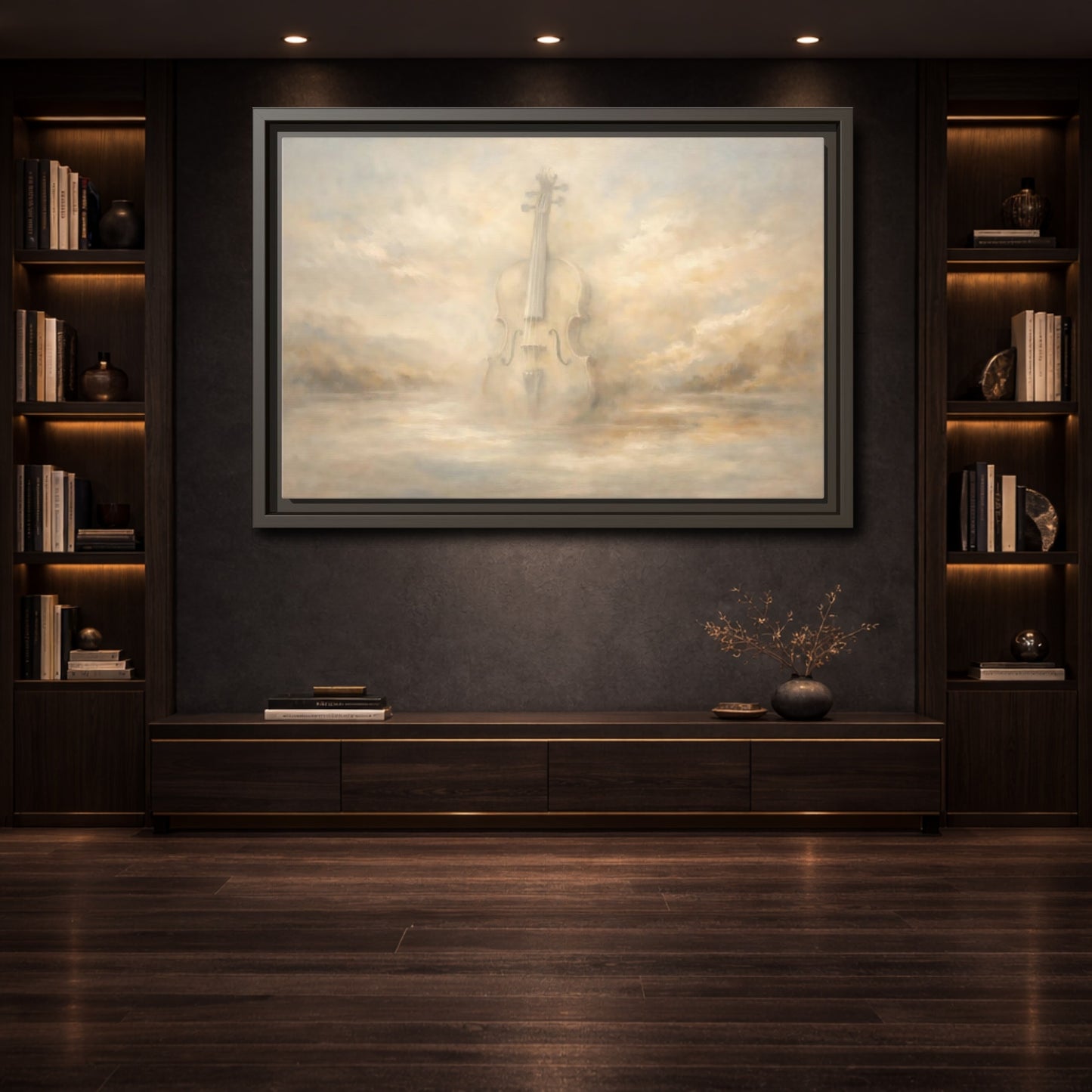 Mockup 3. Abstract Violin Dreamy Beige Violin shown as stretched canvas wall art