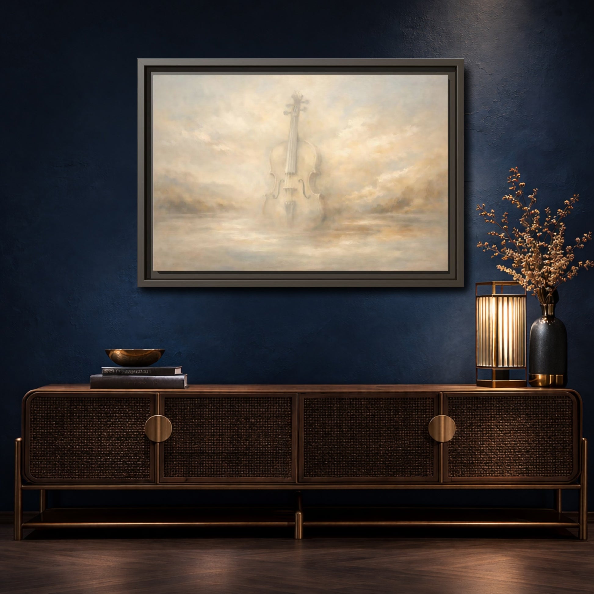 Mockup 4. Abstract Violin Dreamy Beige Violin shown as stretched canvas wall art