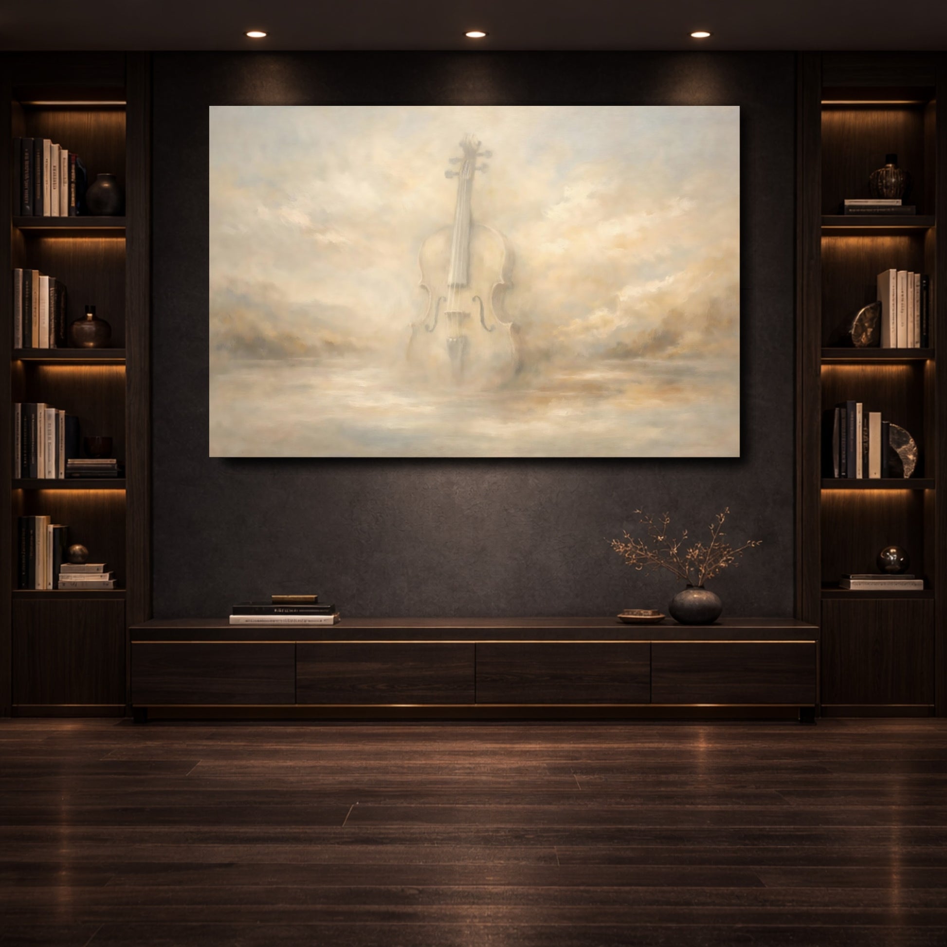 Mockup 3. Abstract Violin Misty Violin shown as stretched canvas wall art