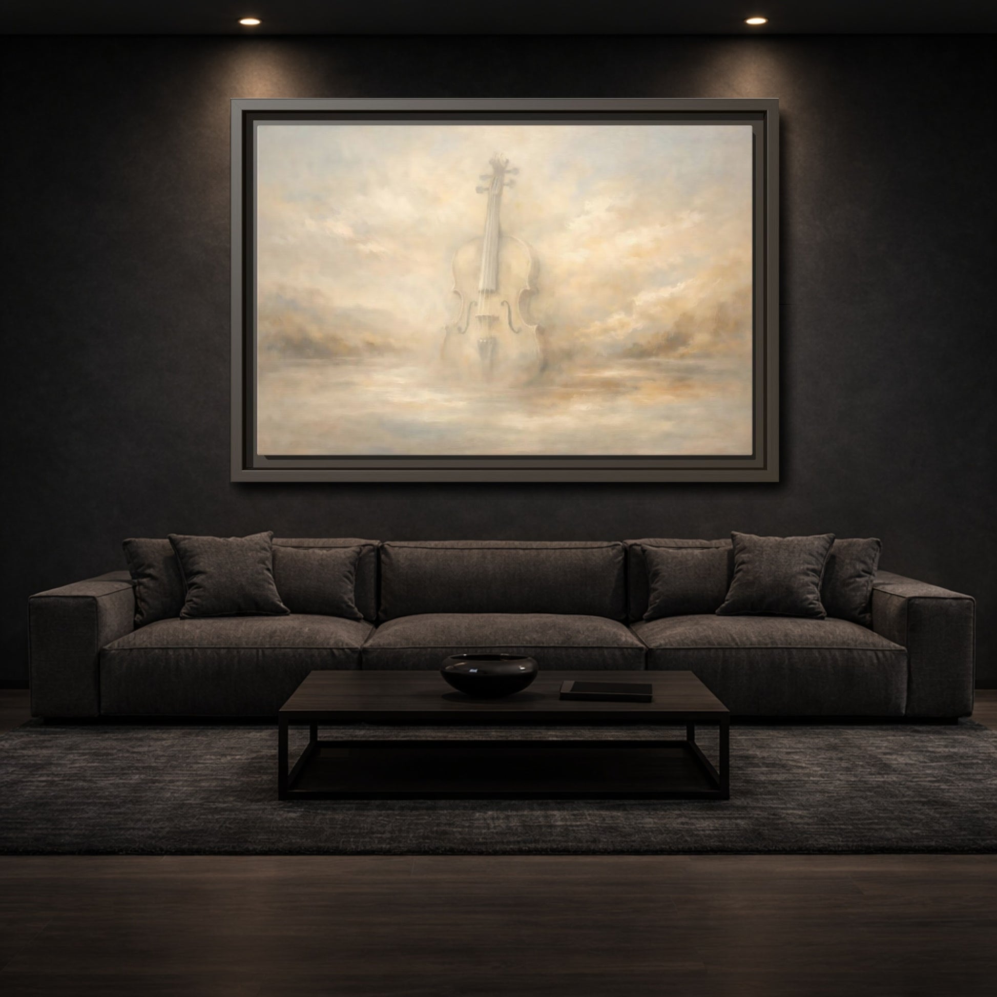Mockup 2. Abstract Violin Soft Beige shown as stretched canvas wall art